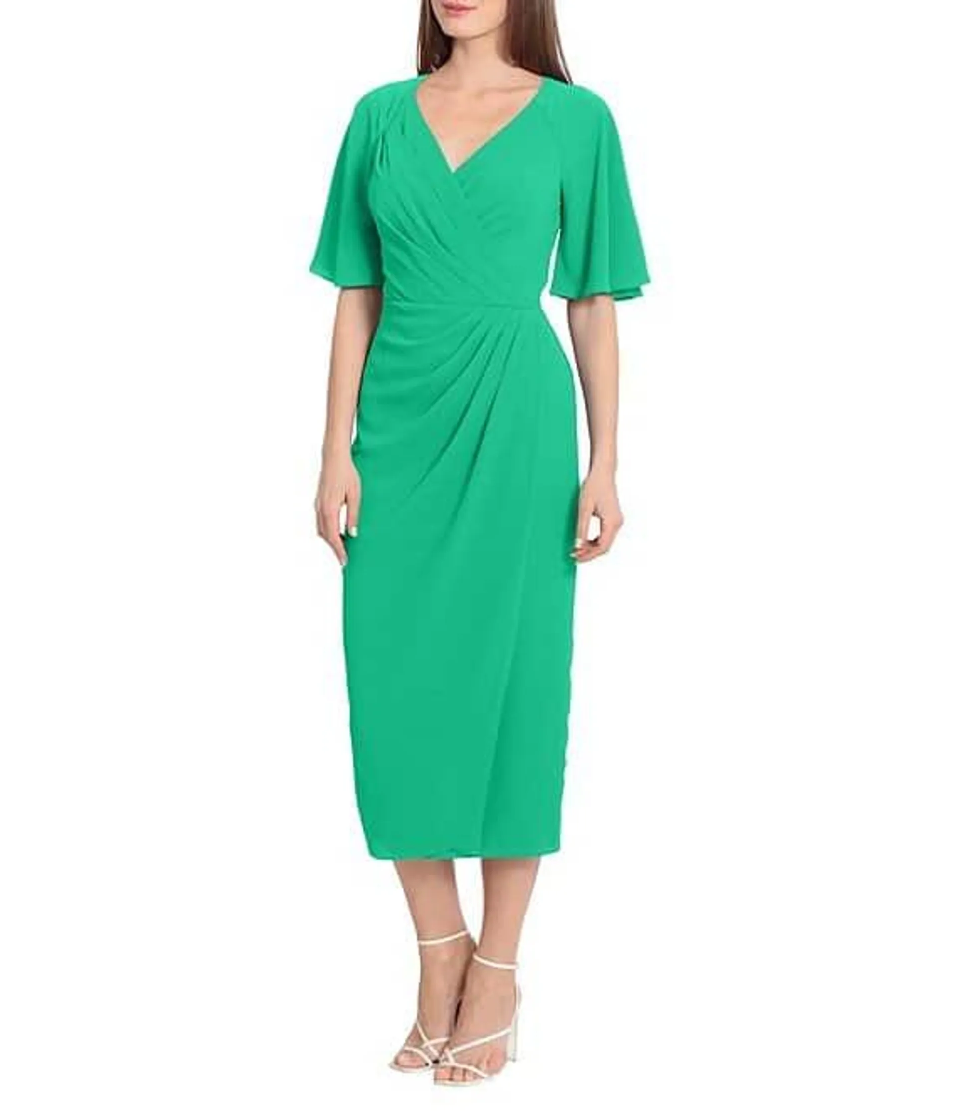 Draped Faux Wrap Short Flutter Sleeve Surplice V-Neck Pebble Crepe Midi Dress