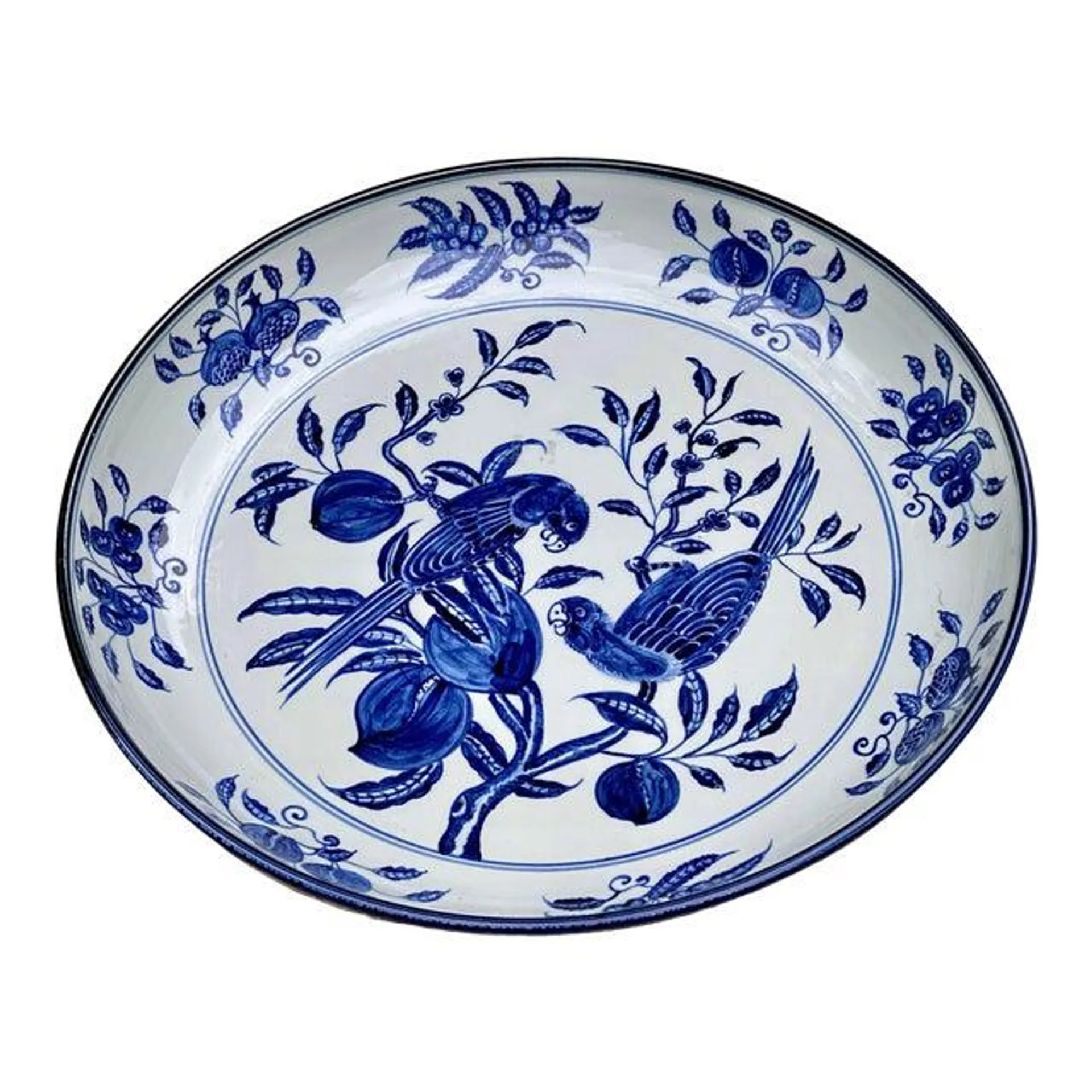 Early 21st Century Large Round Decorative Blue & White Platter With Birds & Pomegranates
