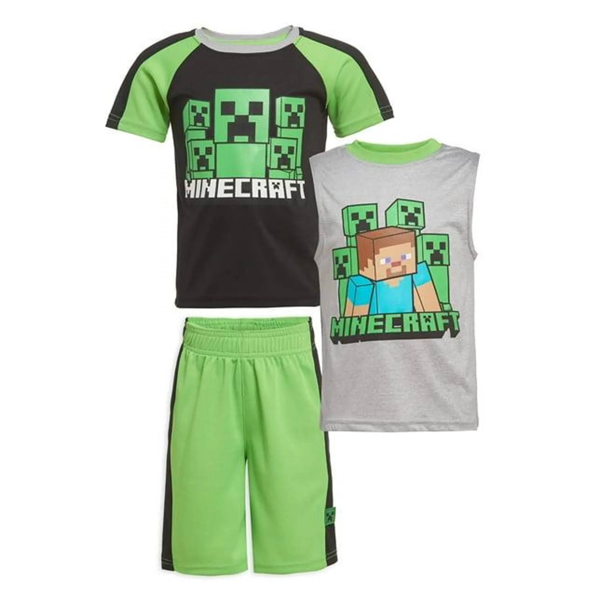 Minecraft Boys Creepers 3 Piece T-Shirt Tank Top Short Set (Black Sizes 4-12)