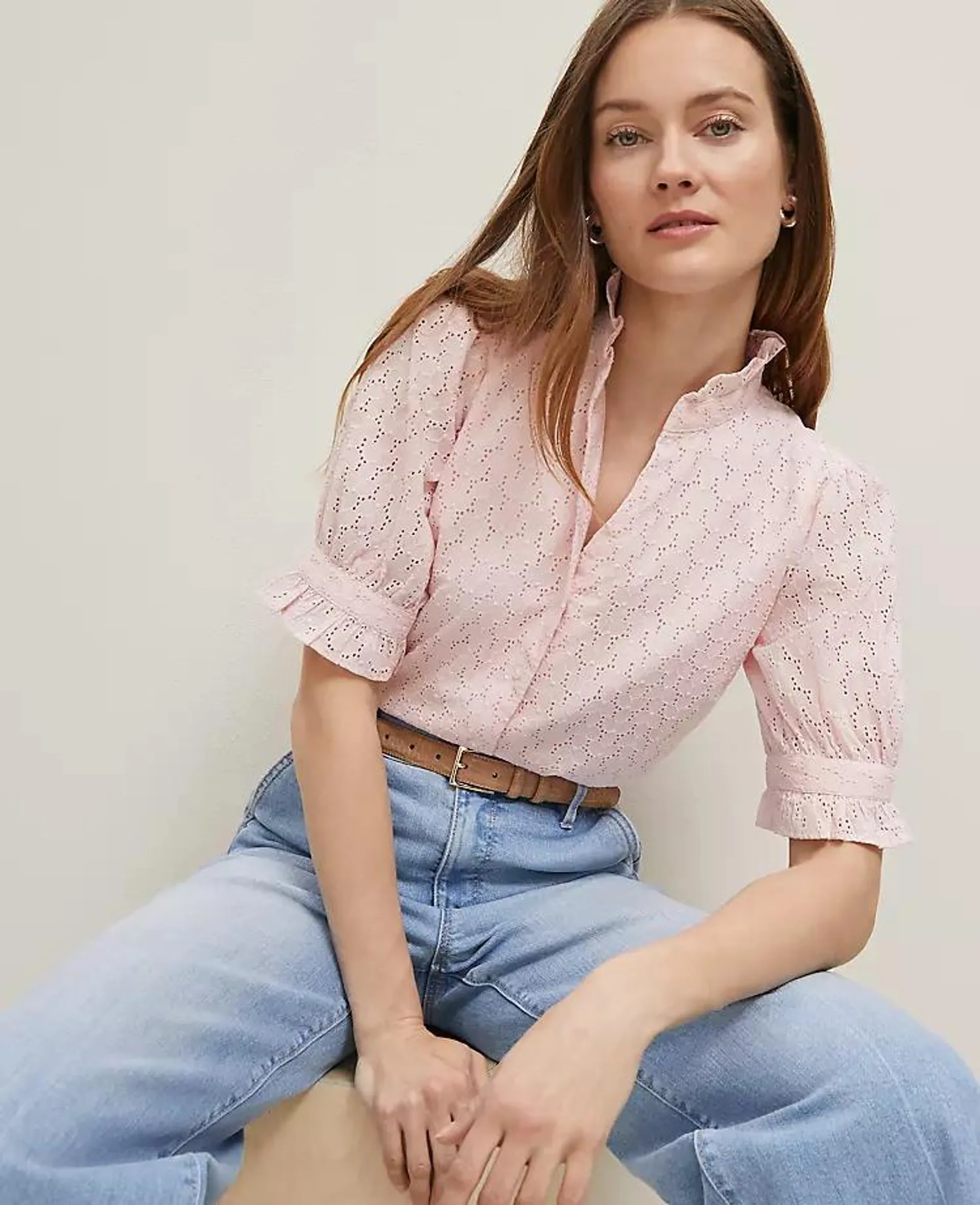 Eyelet Ruffle Collar Shirt