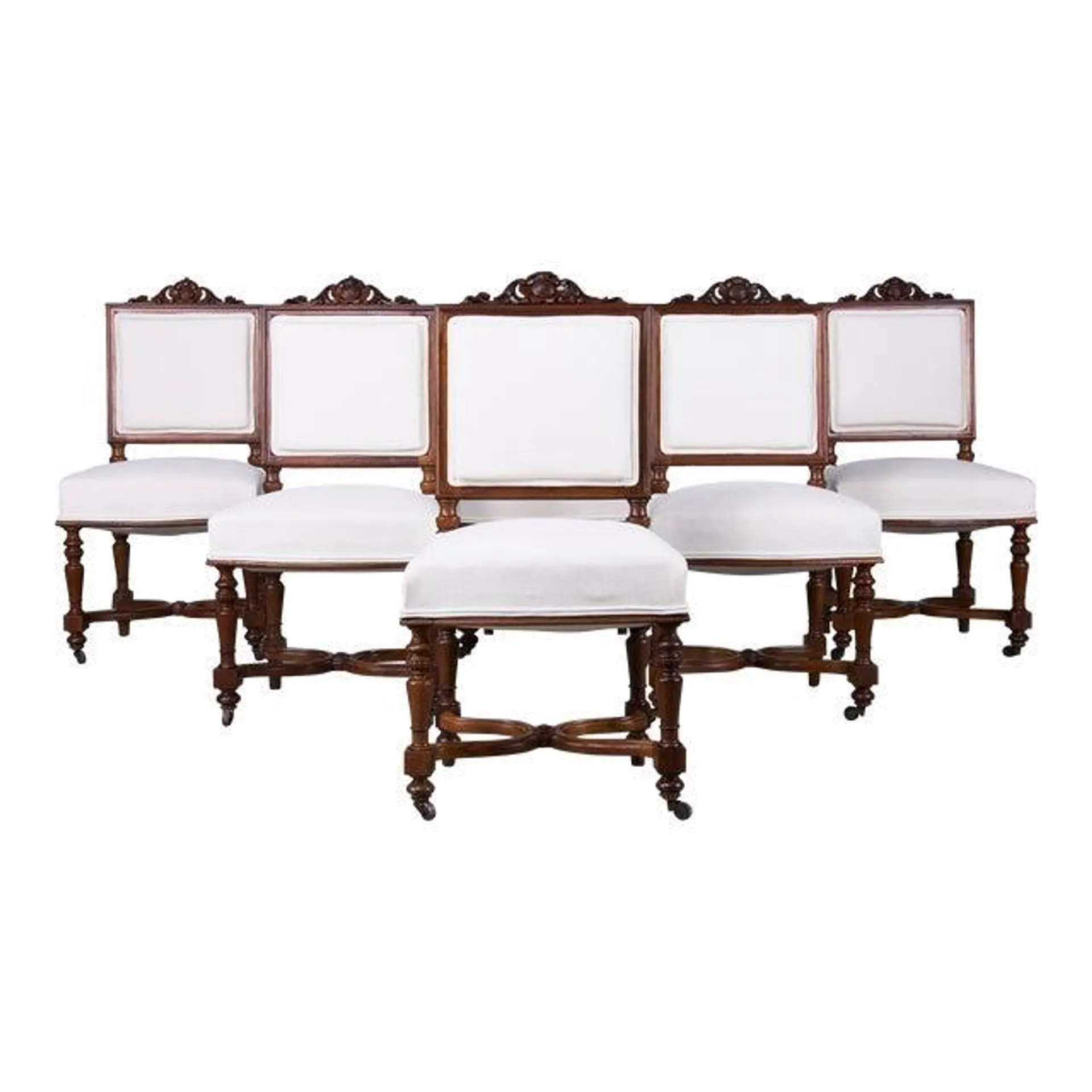 Antique French Napoleon III Style Walnut Dining Chairs W/ Off-White Fabric - Set of 6