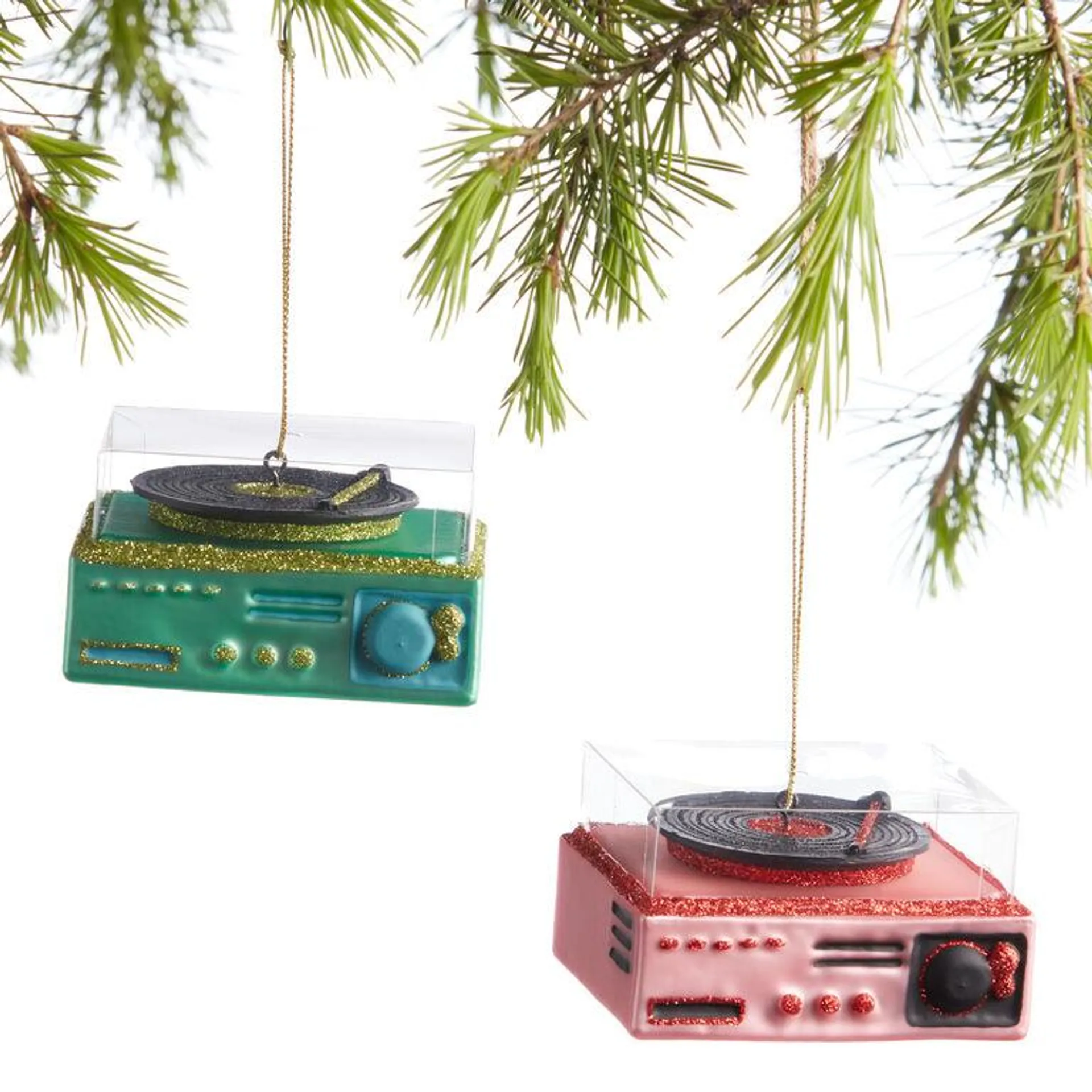 Glass Record Player Ornaments Set Of 2