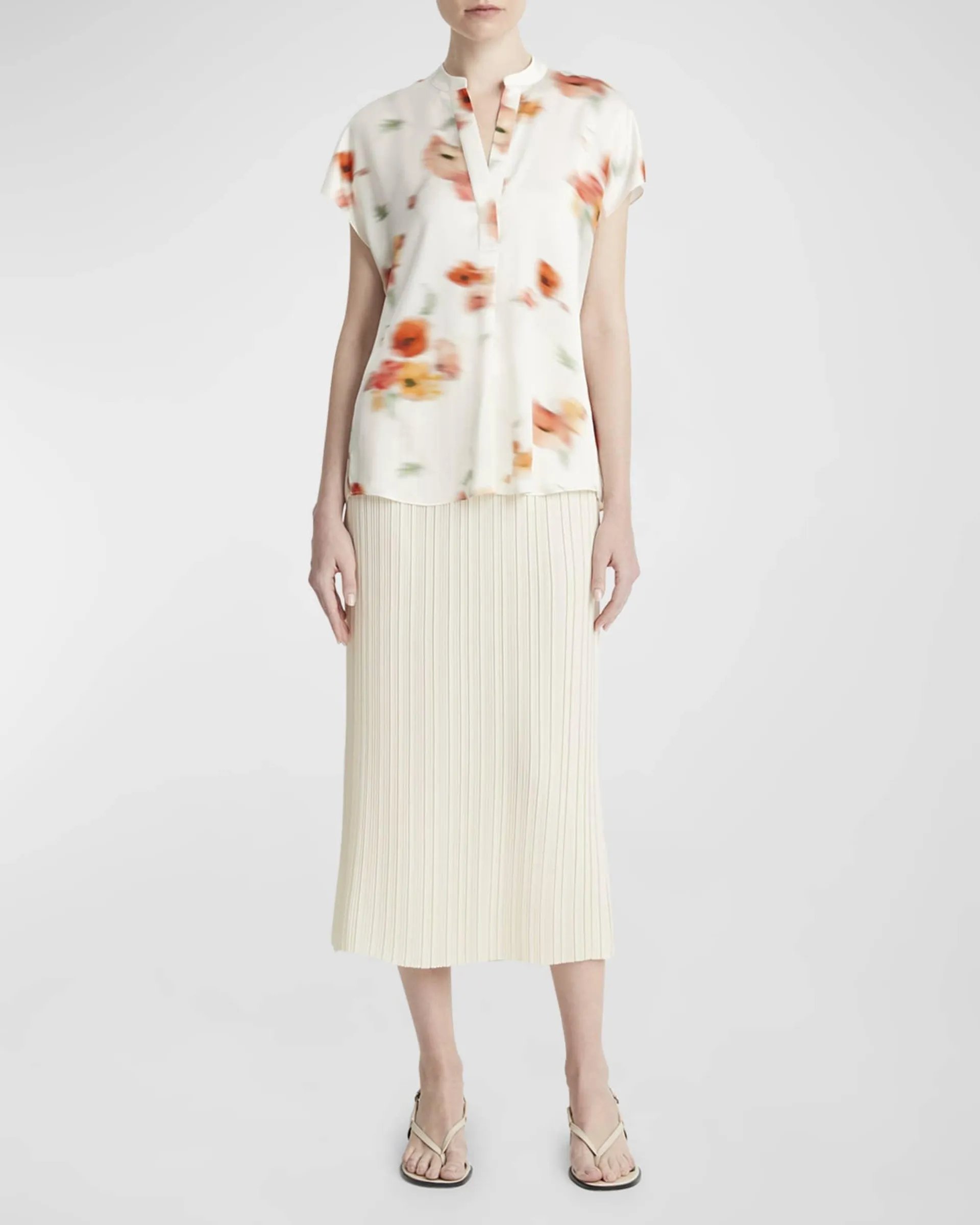 Poppy Blur Band-Collar Popover Silk Blouse