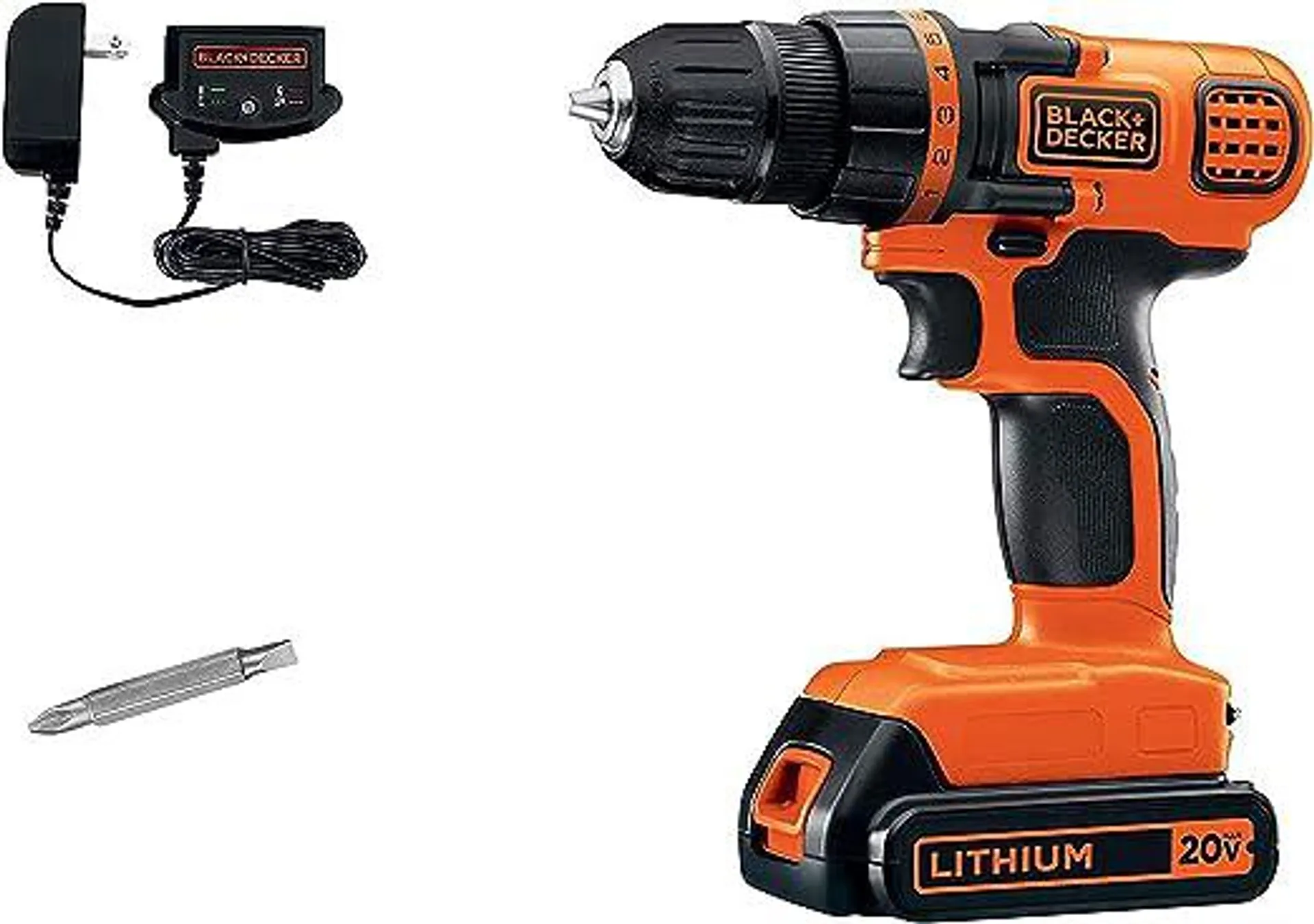 BLACK+DECKER 20V MAX Cordless Drill and Driver, 3/8 Inch, With LED Work Light, Battery and Charger Included (LDX120C)