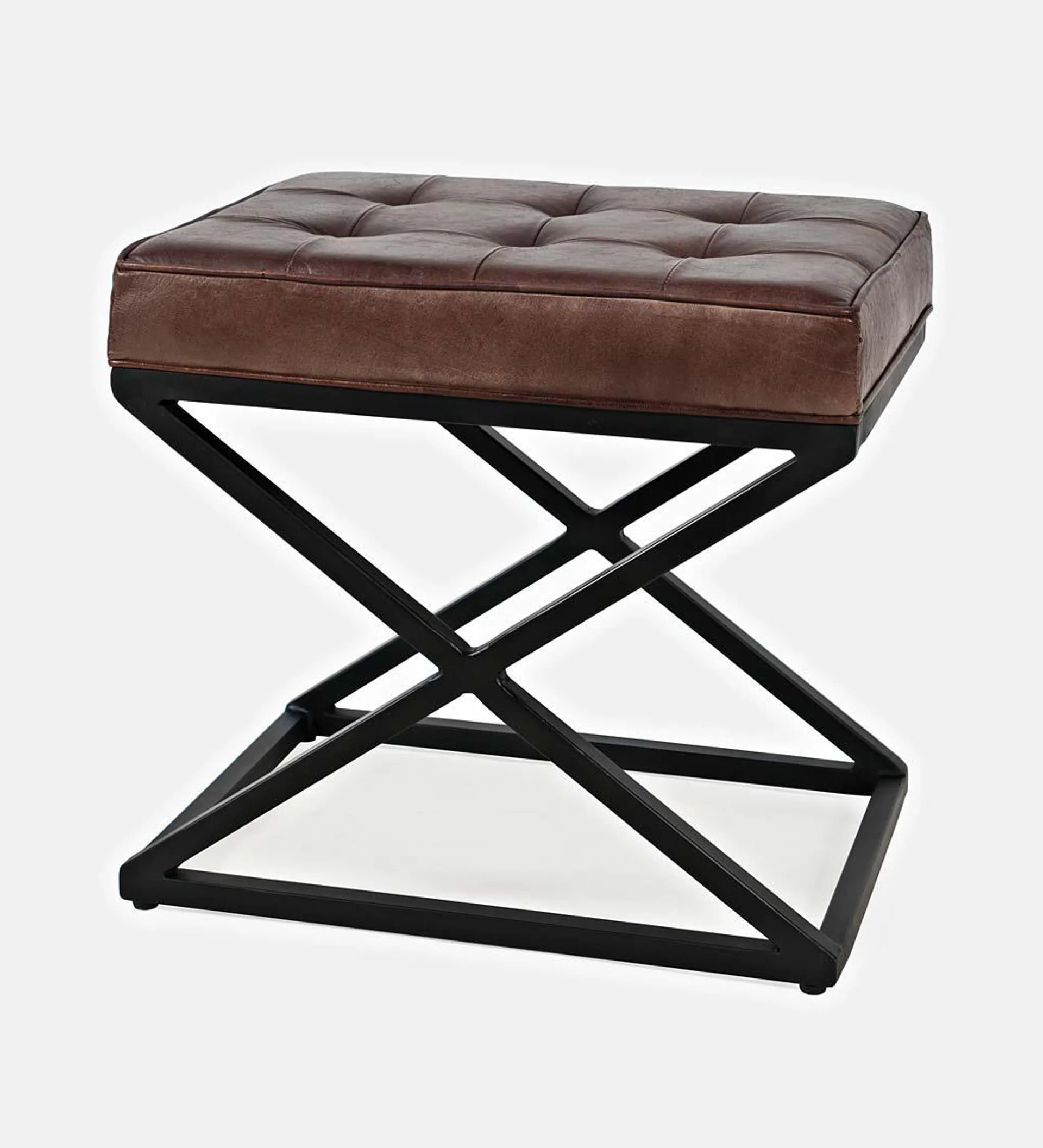 Henry Leather and Steel Ottoman - Dark Sienna