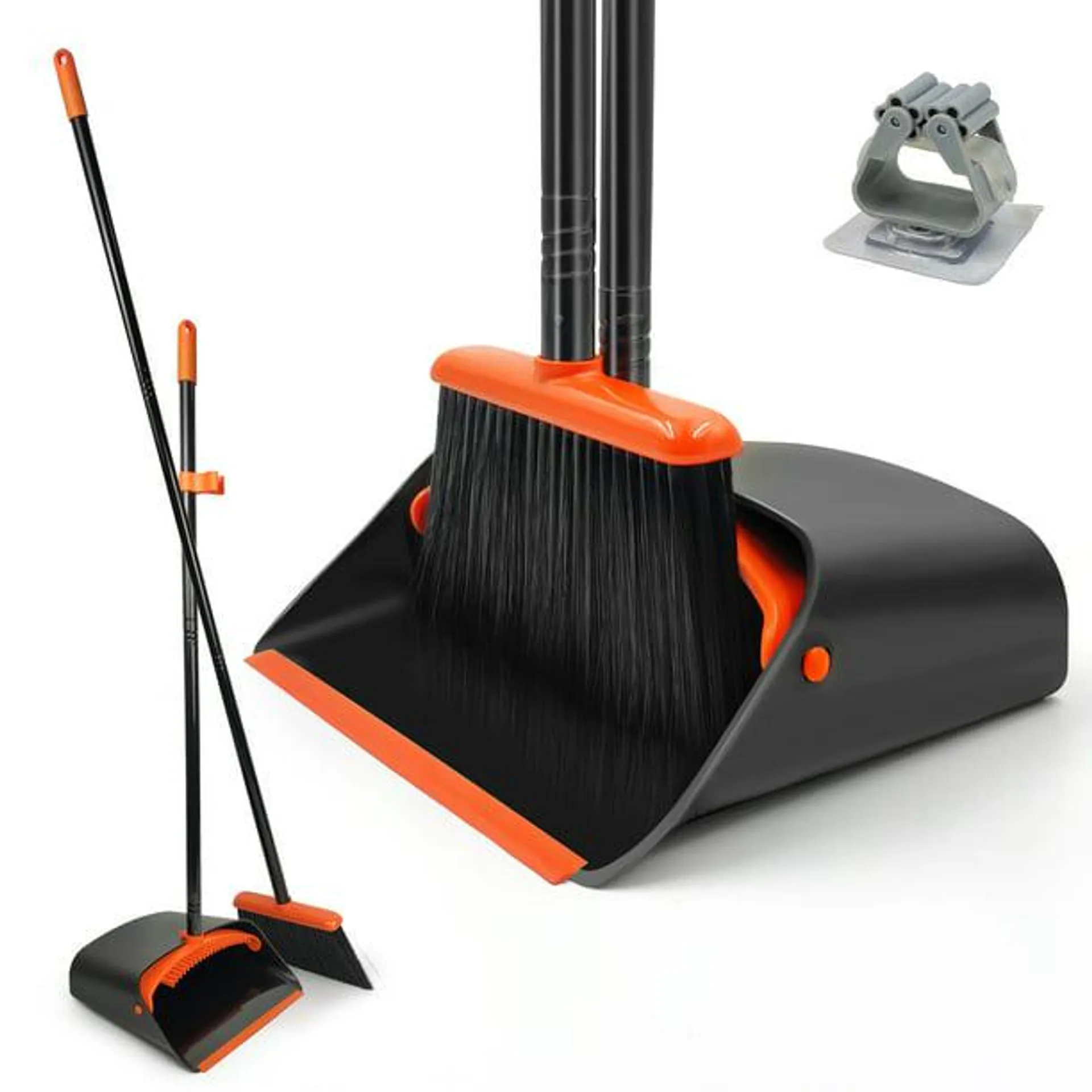 JEHONN Broom and Dustpan Set for Home, Long Handle Lightweight Broom Set with Comb Teeth (Orange Black)