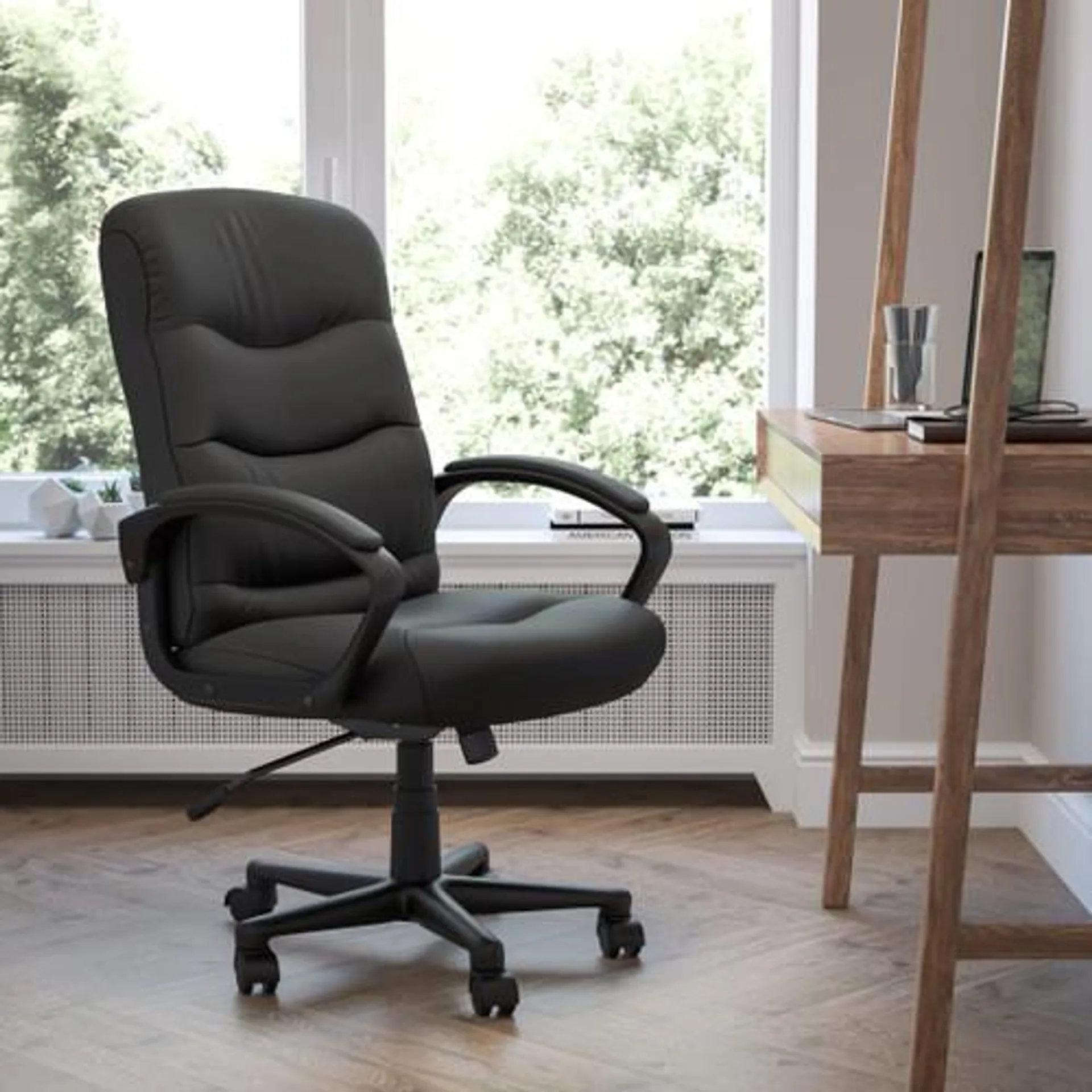 Mid-Back Black LeatherSoft Executive Swivel Office Chair with Three Line Horizontal Stitch Back and Arms - GO9771BKLEAGG