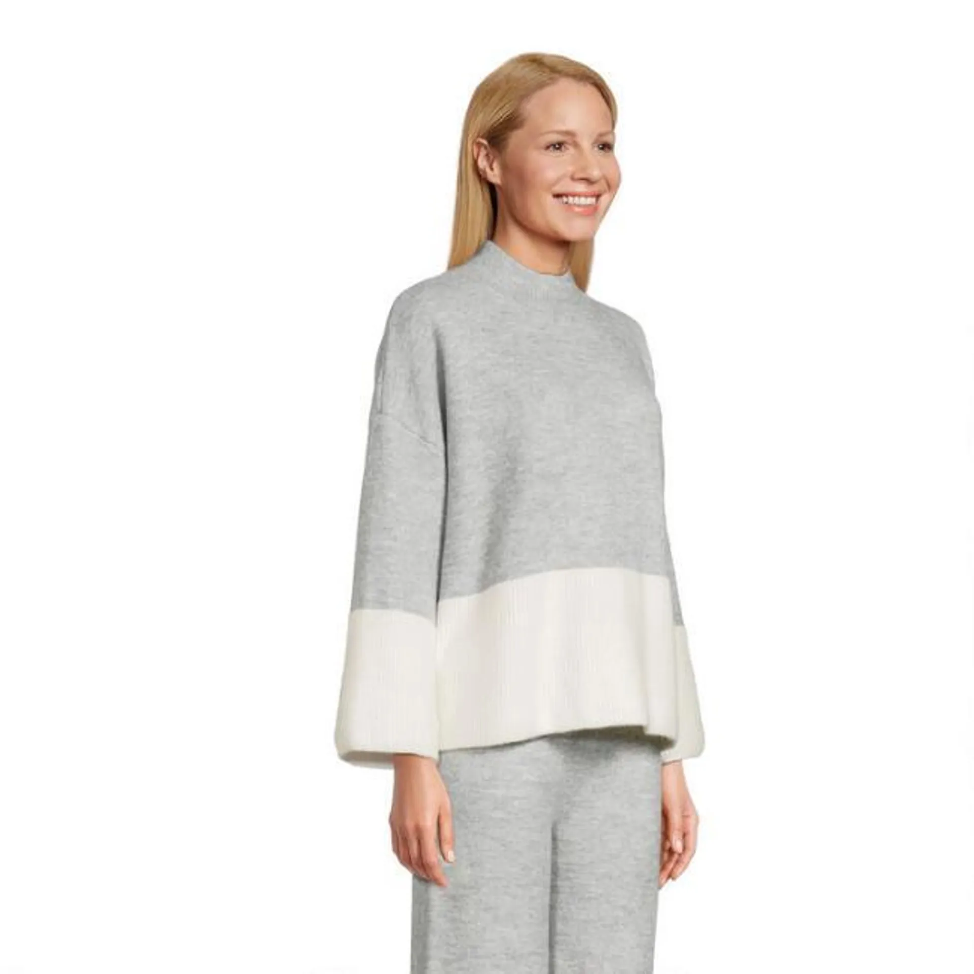 Marled Gray And Ivory Color Block Mock Neck Lounge Sweater