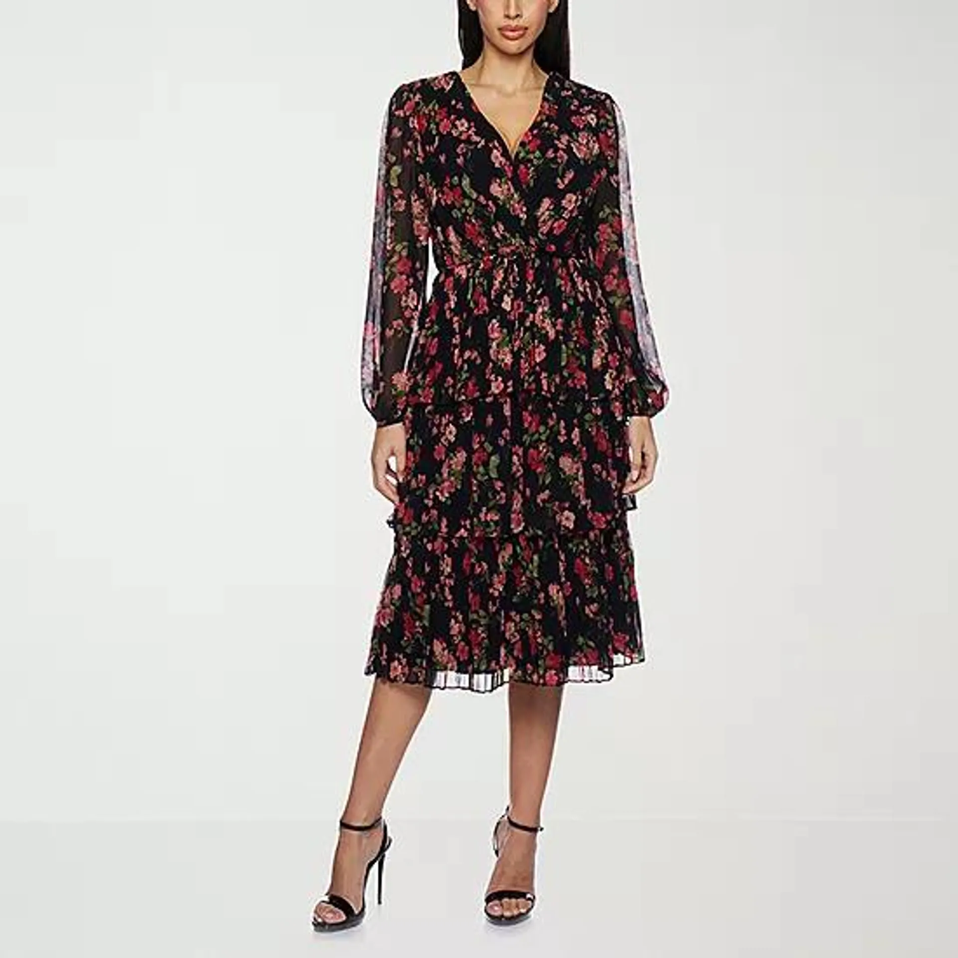 new! Premier Amour Womens Long Sleeve Floral Midi Fit + Flare Dress