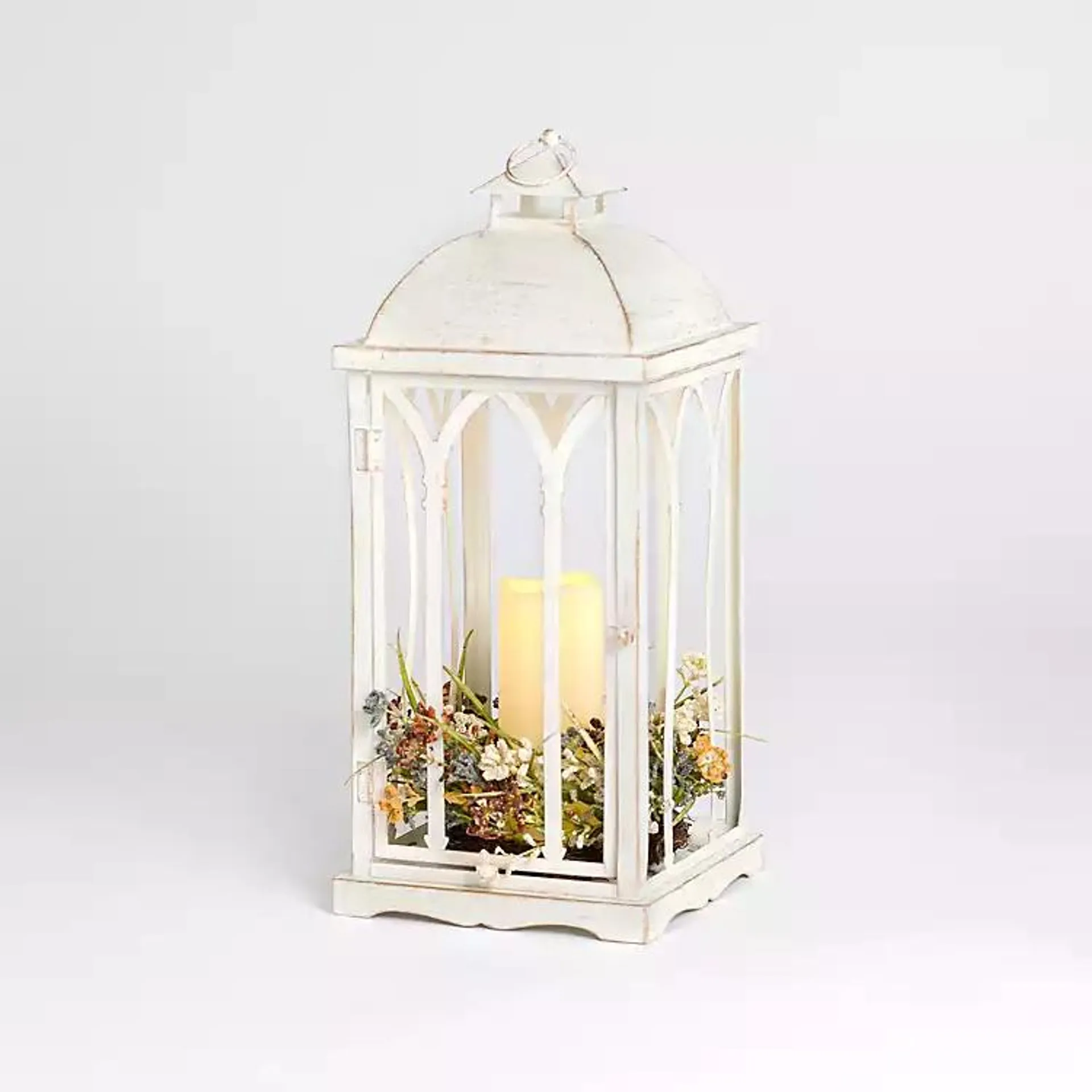 LED Whitewashed Lantern with Wildflowers