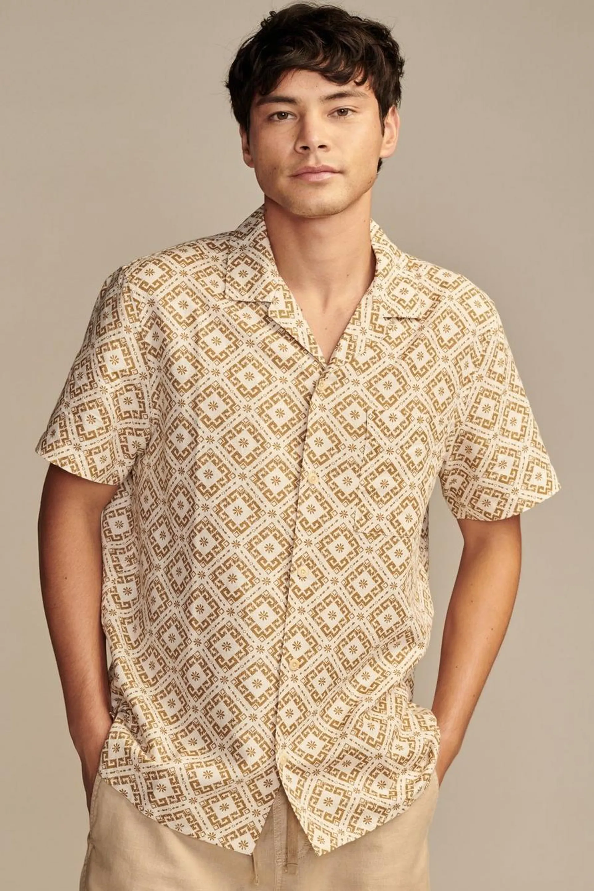 printed linen camp collar short sleeve shirt