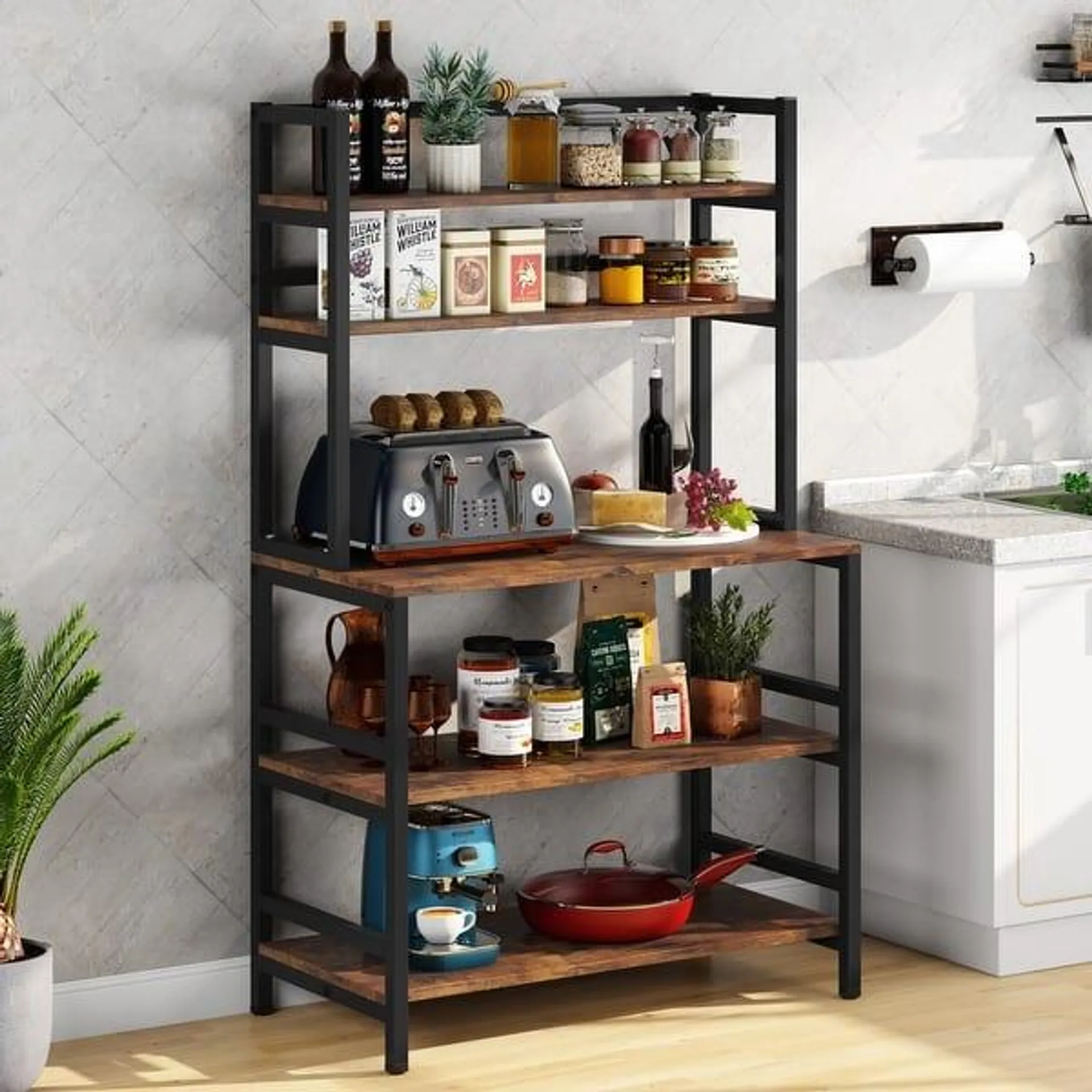 5-Tier Kitchen Bakers Rack Utility Storage Shelf Microwave Oven Stand, Industrial Microwave Cart Kitchen Stand with Hutch