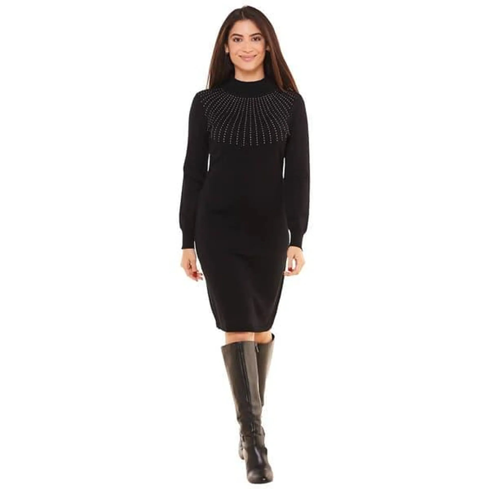 Womens Nina Leonard Mock Neck Studded Sheath Sweater Dress