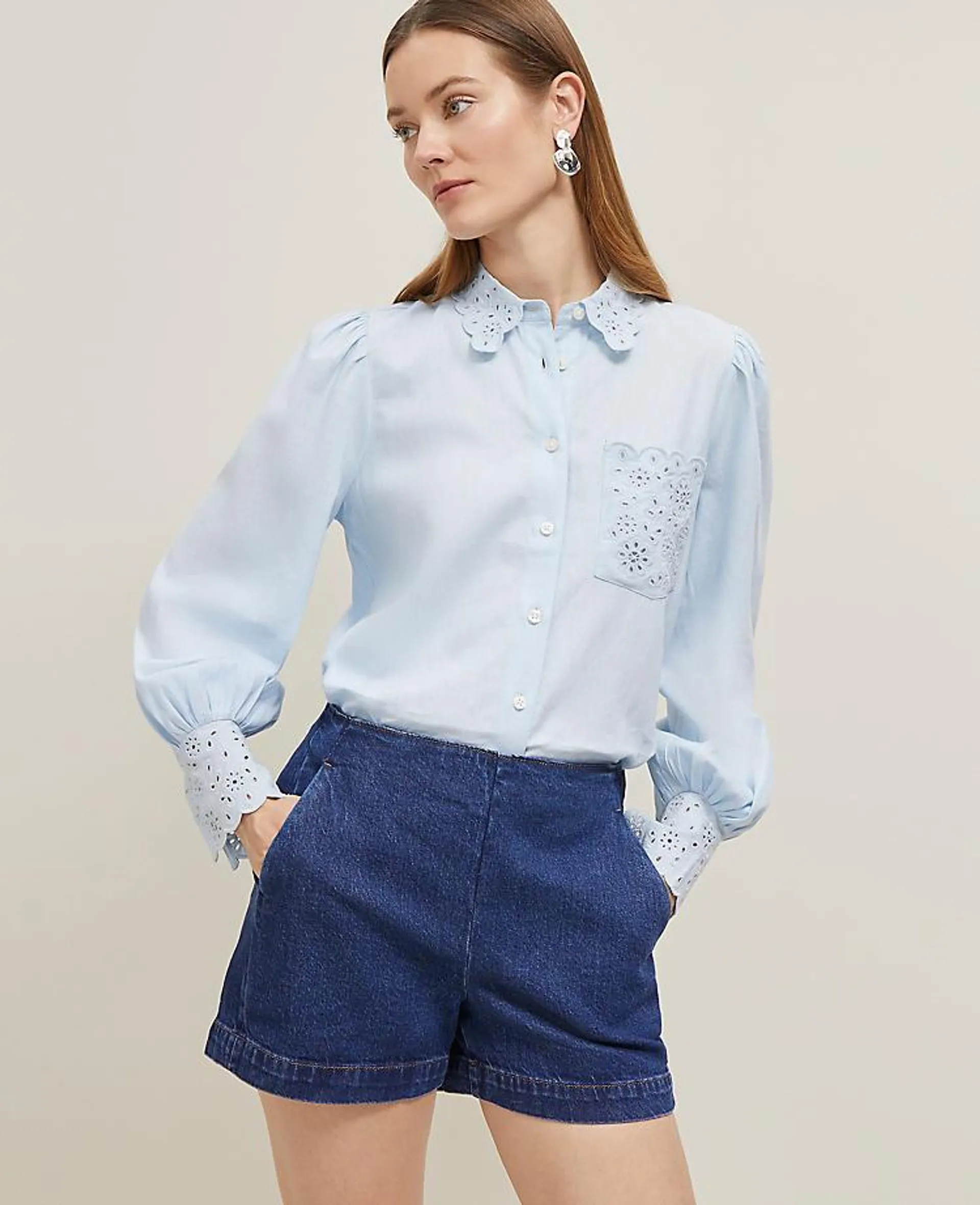Embroidered Linen-Blend Pocket Shirt