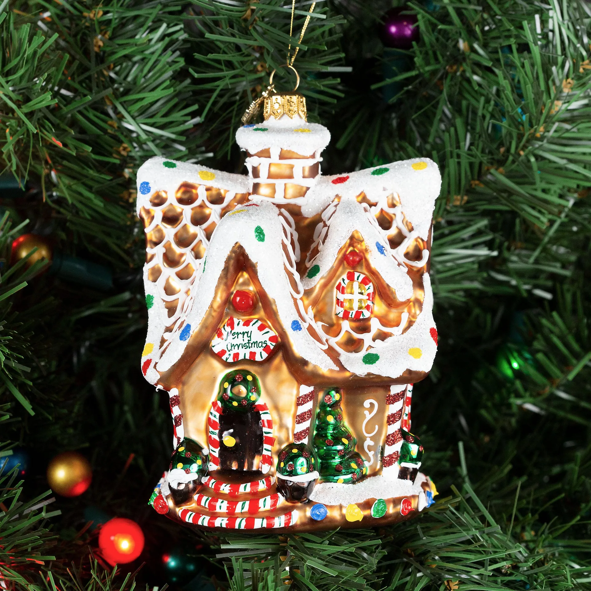 Pier 1 Gingerbread House with Pointed Roof Glass Christmas Ornament