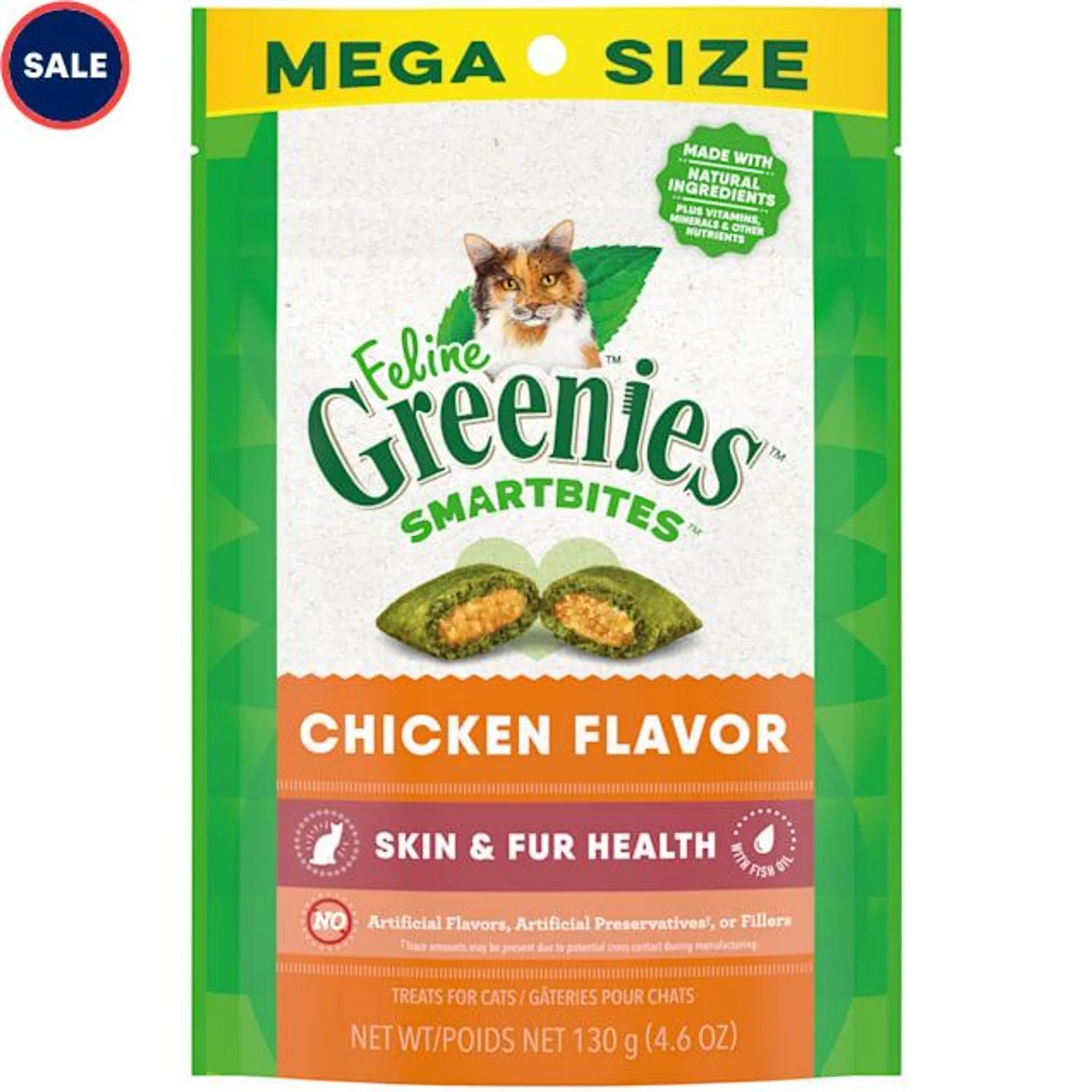 Greenies Smartbites Chicken Flavor Skin & Fur Health Crunchy and Soft Natural Cat Treats, 4.6 oz.