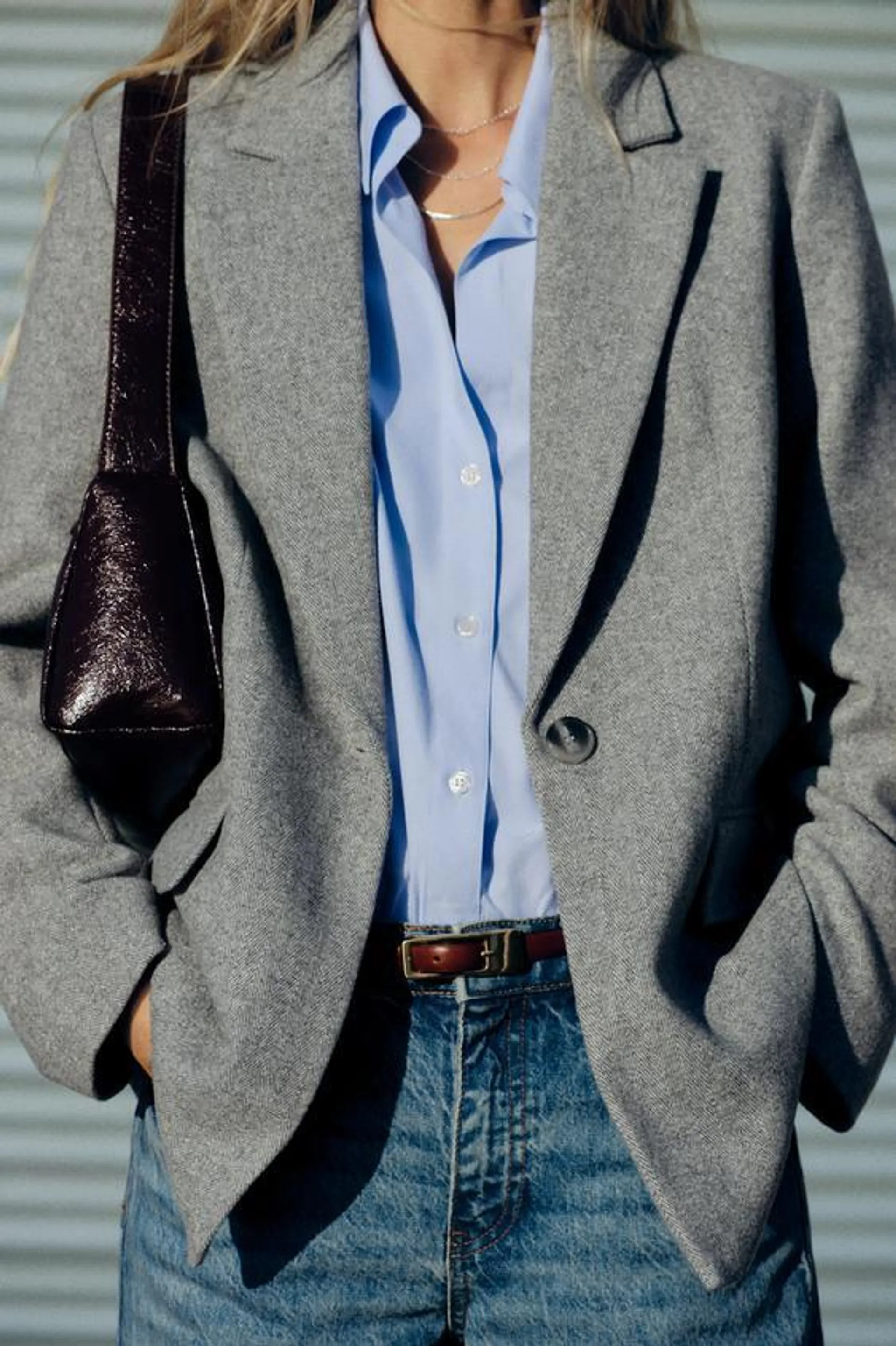 STRAIGHT CUT WOOL BLEND HERRINGBONE BLAZER