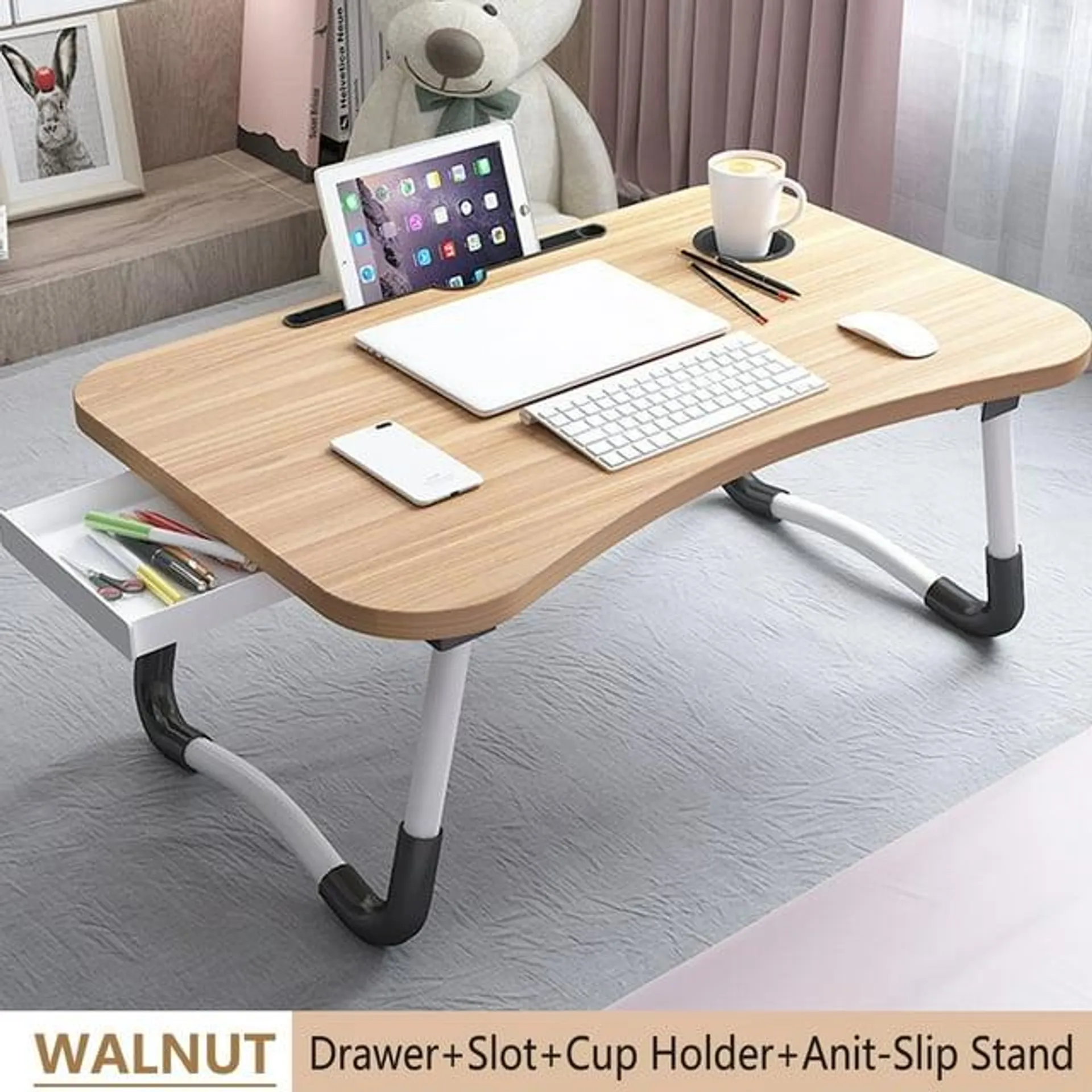 PHANCIR Foldable Lap Desk, 23.6 Inch Portable Wood Laptop Desk Table Workspace Organizer Bed Tray with iPad Slots, Cup Holder, Drawer, Anti-Slip for Working Reading Writing, Eating, Watching-Walnut