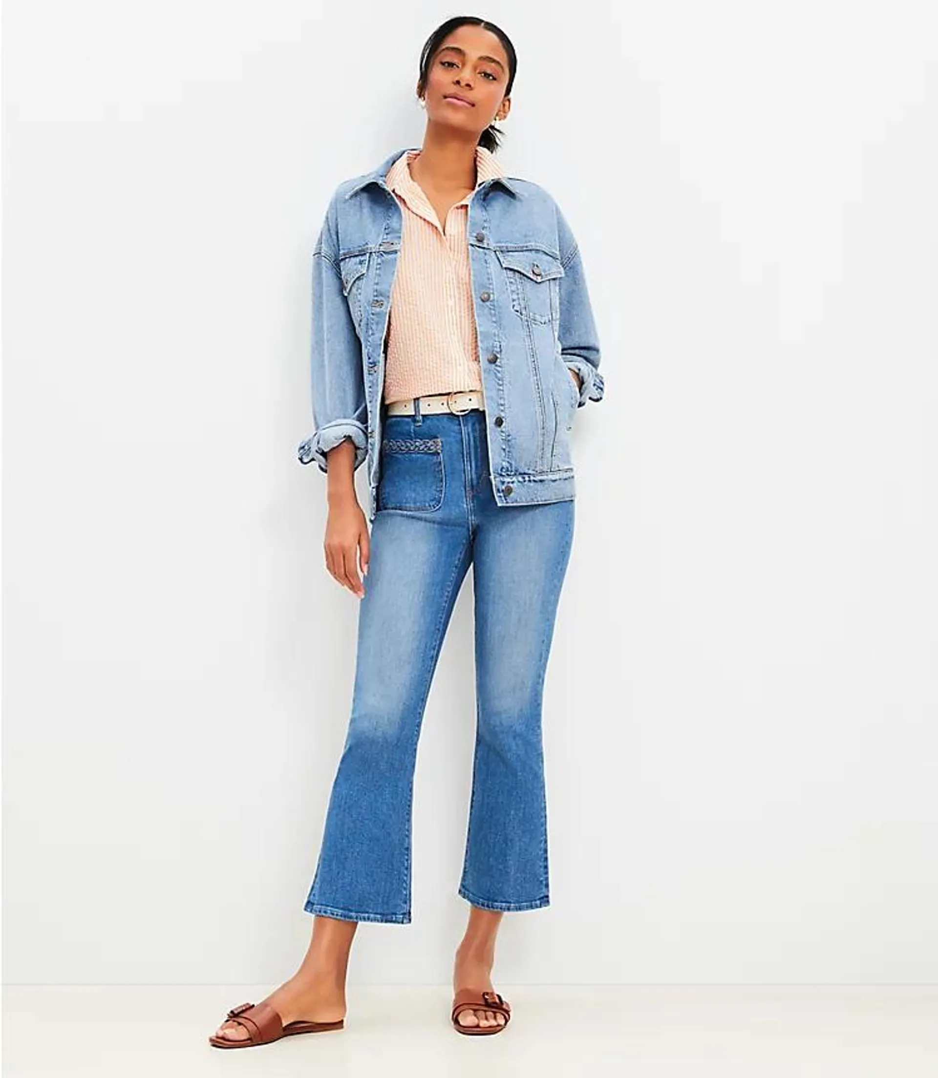 Braided High Rise Kick Crop Jeans in Classic Mid Wash