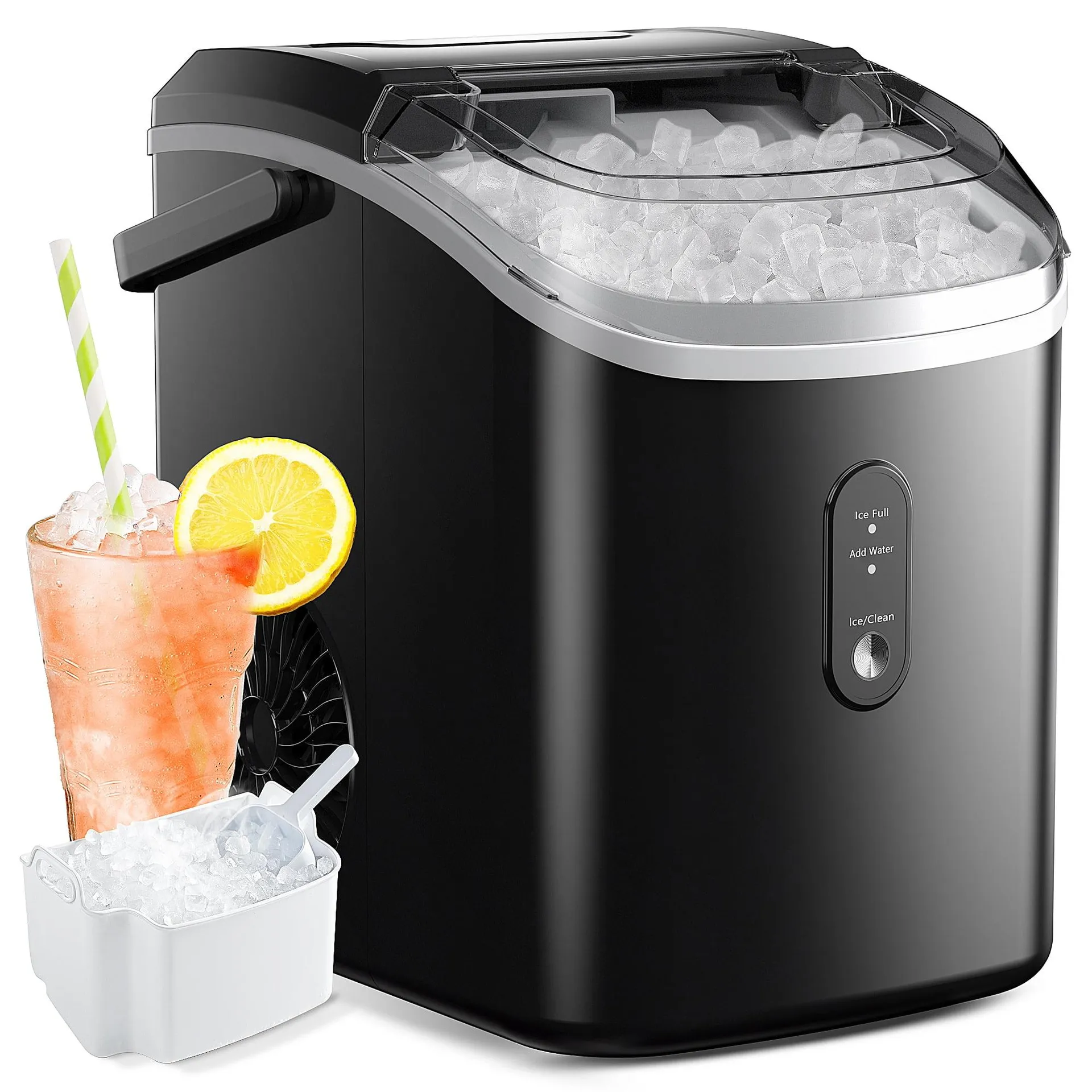 Simzlife Nugget Ice Maker Countertop with Handle, Ready in 6 Mins with Chewable Ice, 34lbs/24H, Self-Cleaning, Black