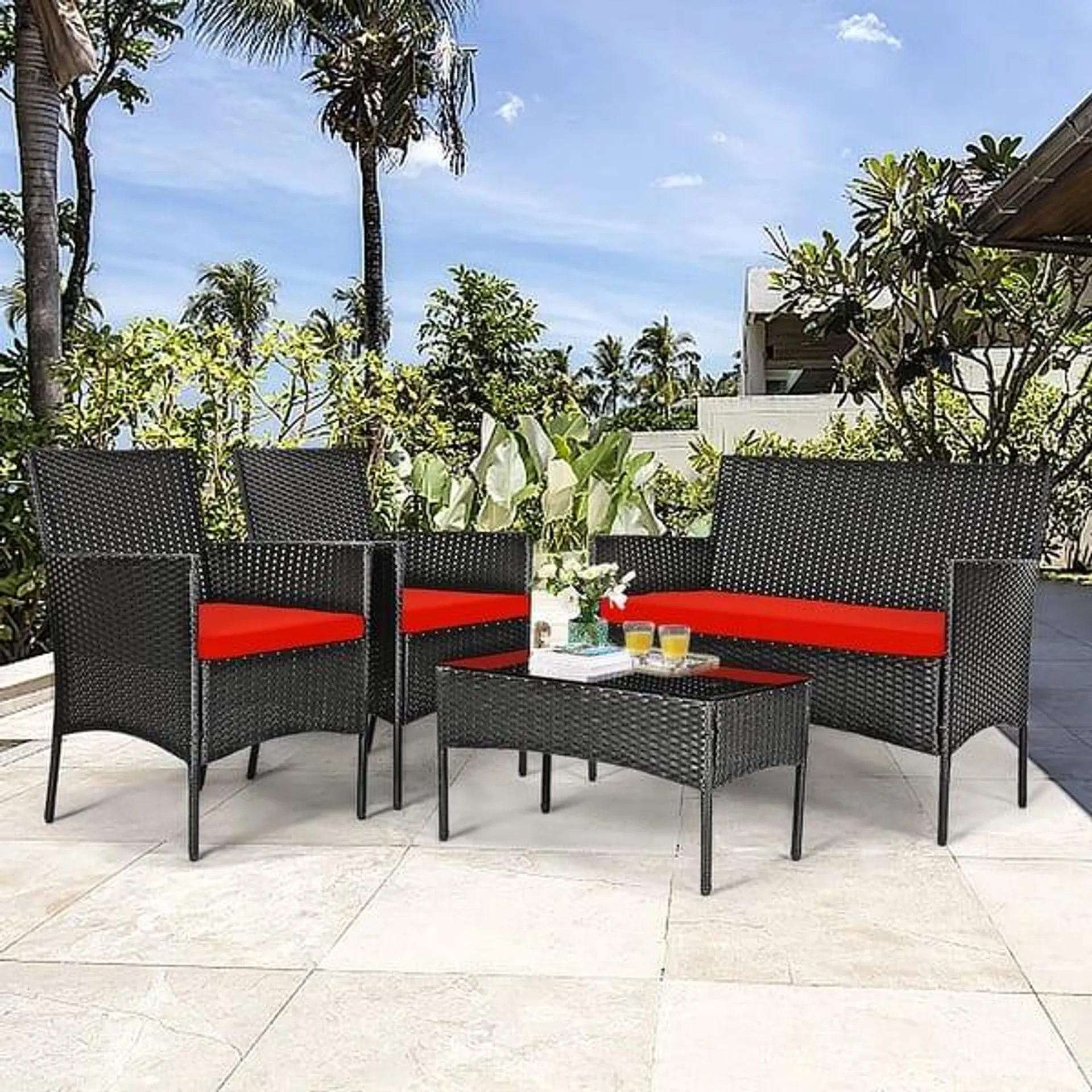 4 PCS Patio Furniture Set Rattan Sofa & Chairs Set