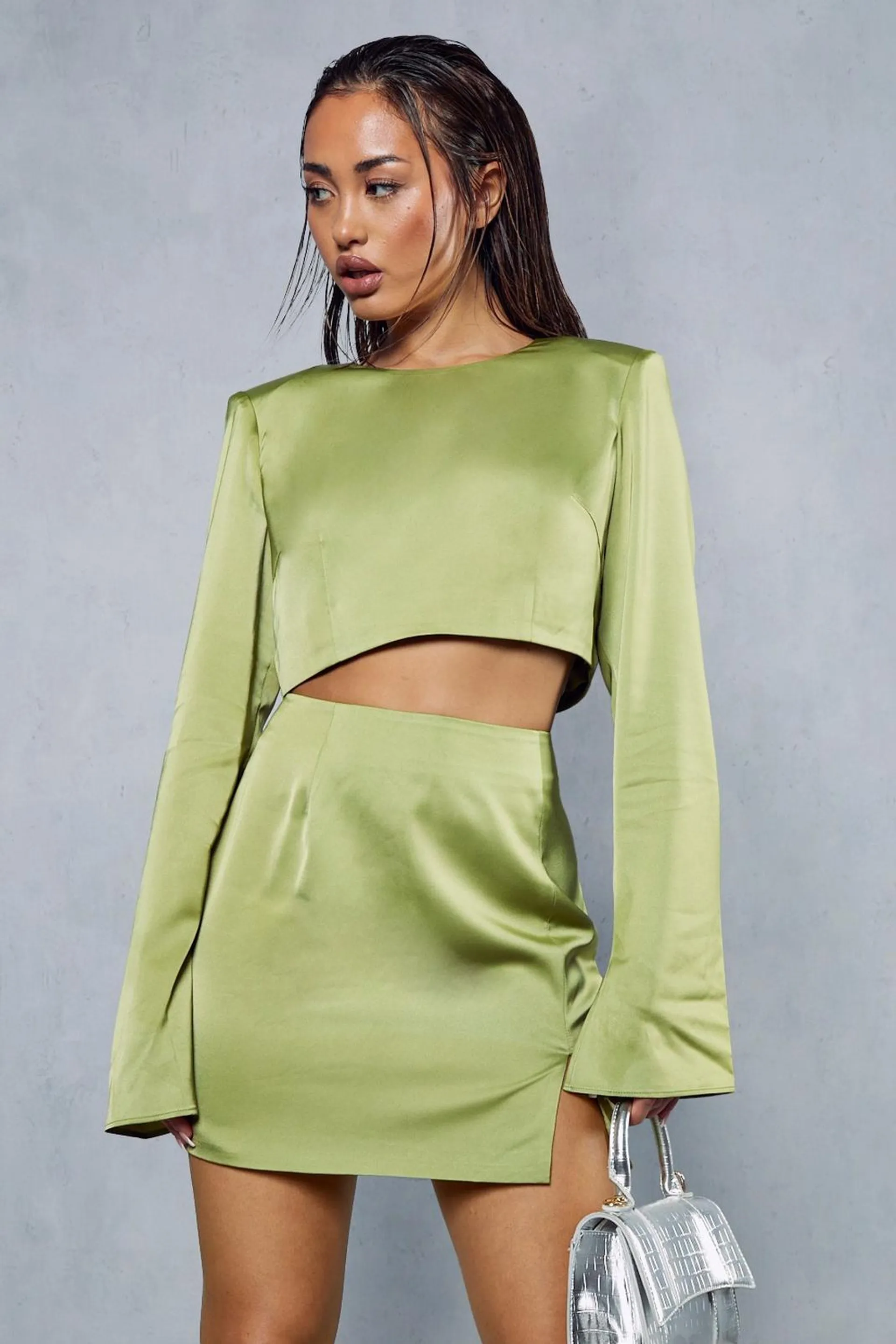 Premium Satin Shoulder Pad Split Skirt Co-ord