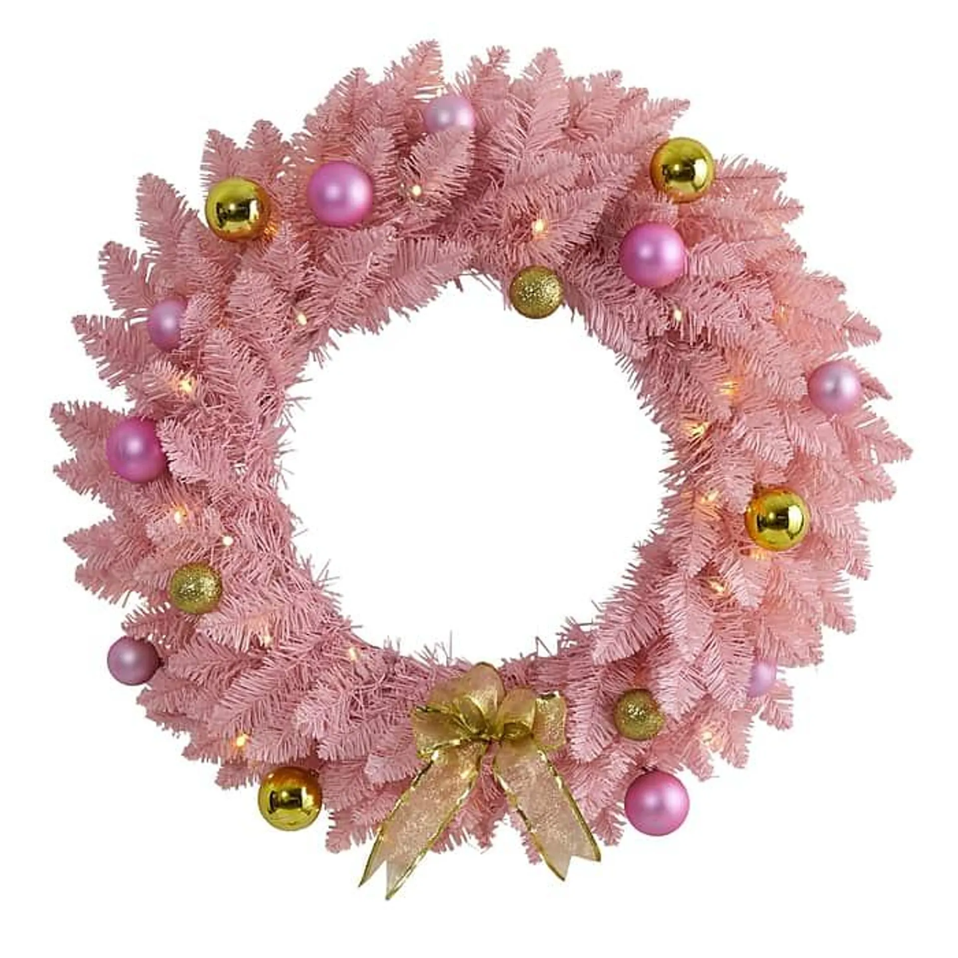 Nearly Natural 24-in Pink Artificial Christmas Wreath with 35 LED Lights and Ornaments (W1119)