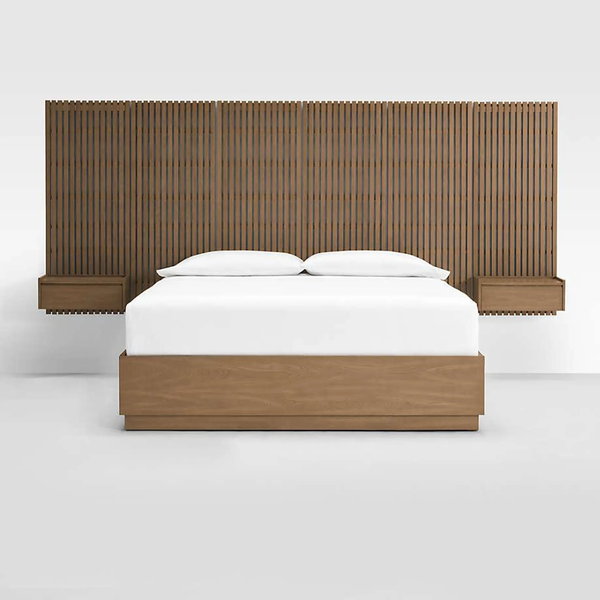 Batten Brown Oak King Plinth-Base Storage Bed, Panels and Nightstands