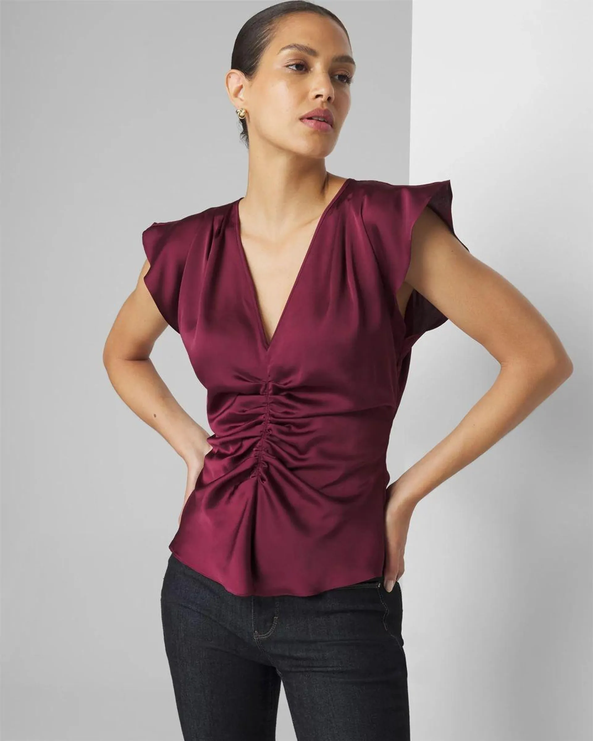 Ruched Front Flutter Sleeve Shell Top