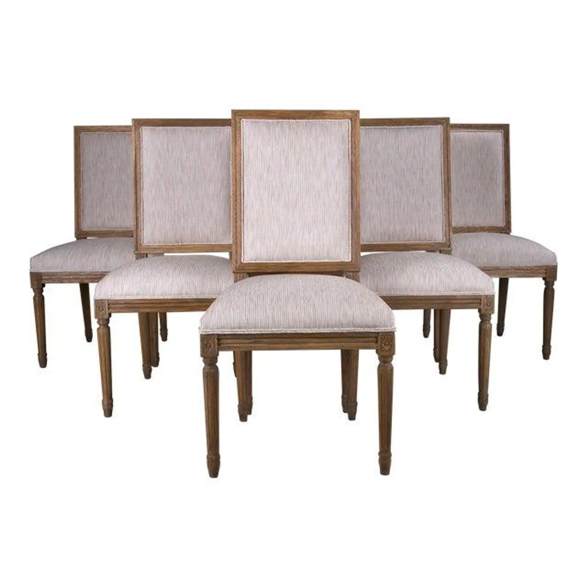 French Louis XVI Style Square Back Oak Dining Chairs W/ Striped White and Beige Chenille - Set of 6