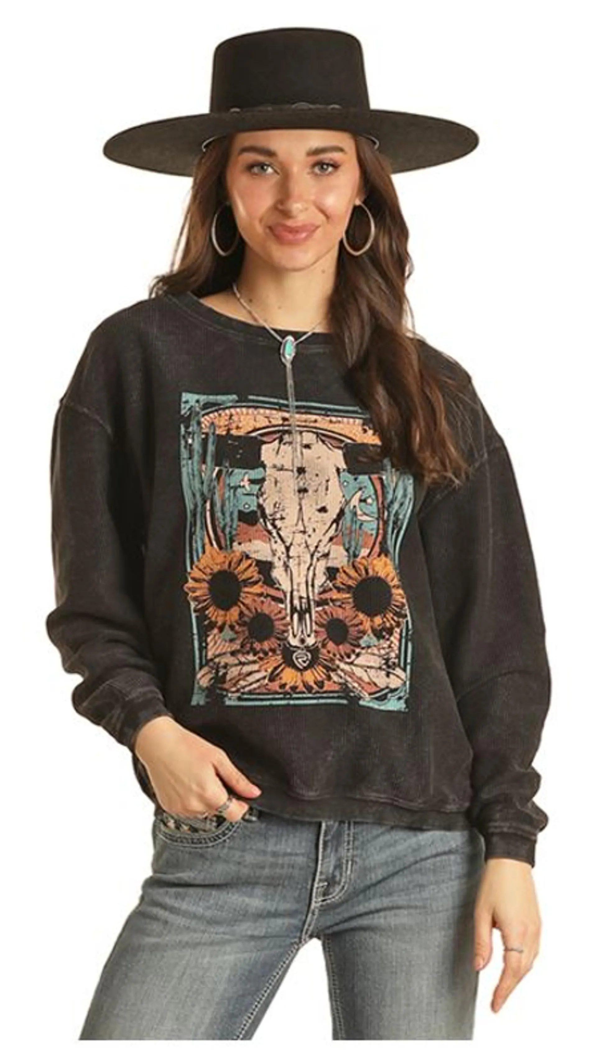 Rock & Roll Cowgirl Women's Black Skull Cactus & Sunflowers Graphic Long Sleeve Shirt