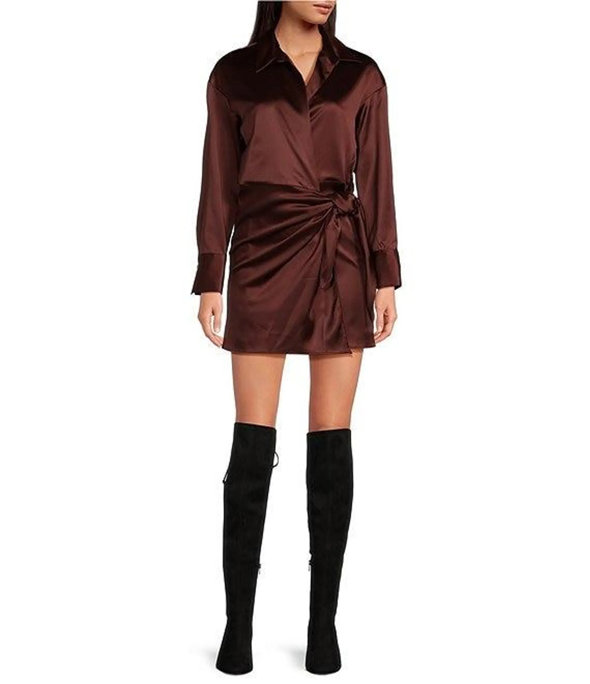 Avery Long Sleeve Satin Point Collar Neck Faux Wrap Dress