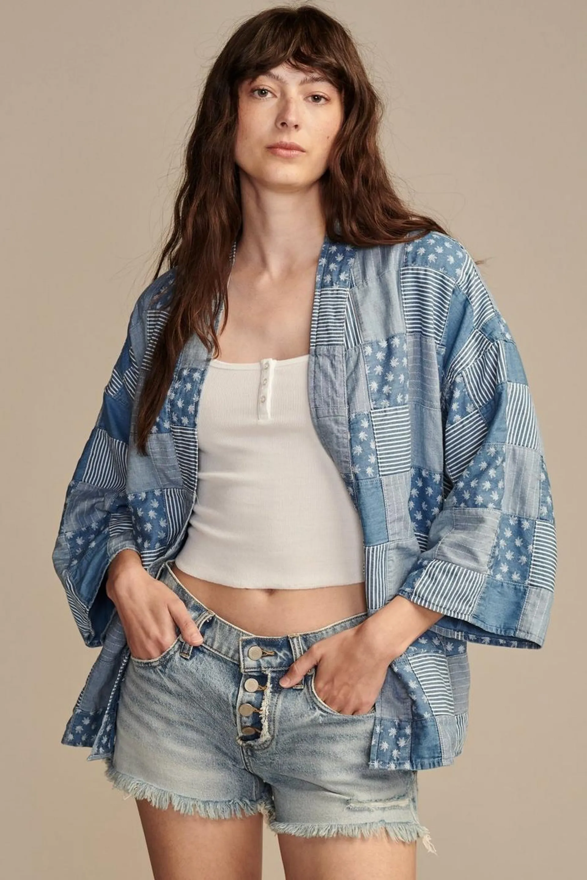 highest quality denim patchwork kimono