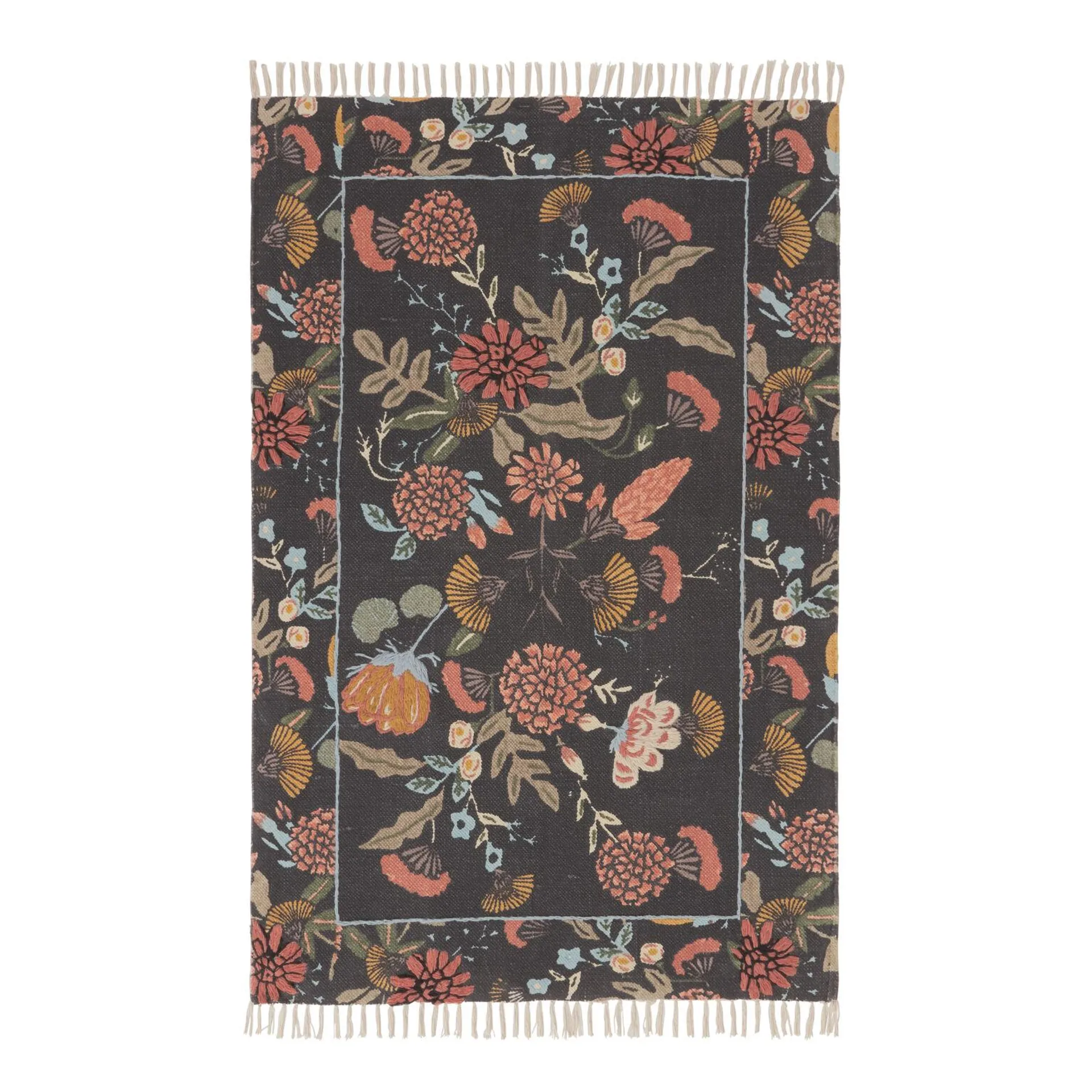 Jaipur Black and Sage Floral Embroidered Cotton Area Rug