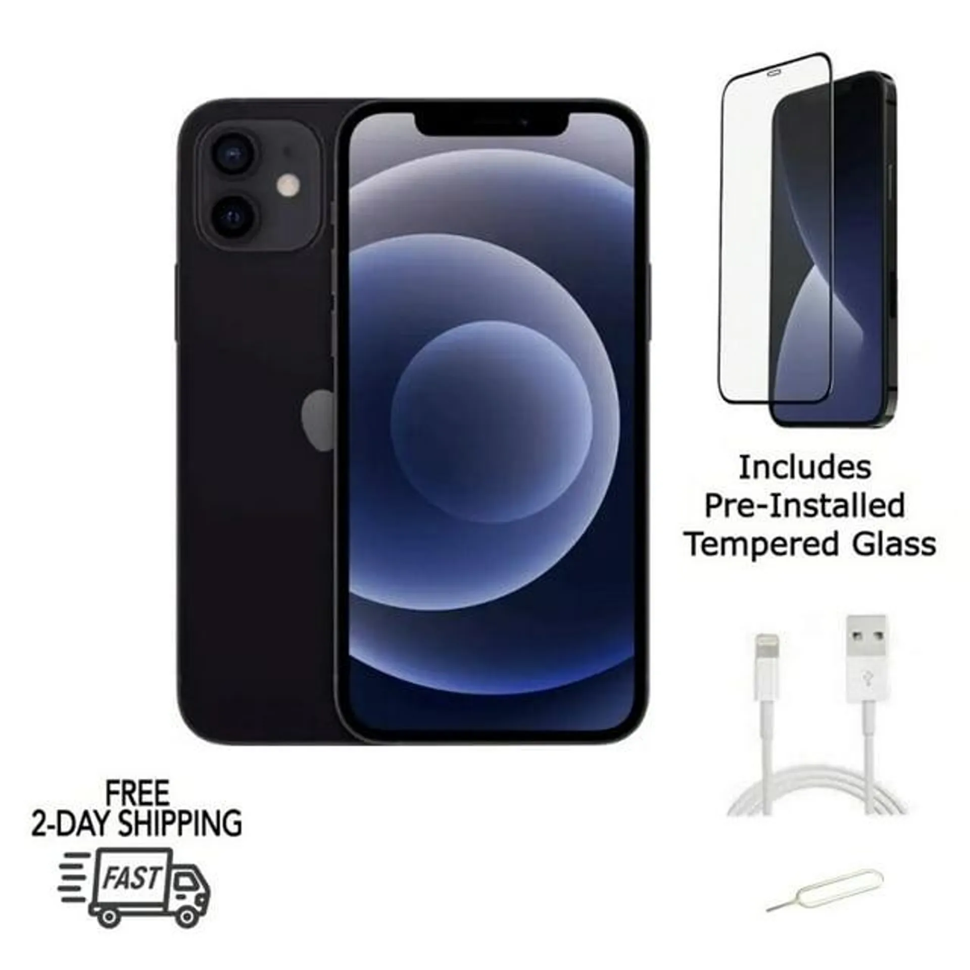 Restored Apple iPhone 12 (Fully Unlocked) 64GB Black (A2172) Bundle with Pre-Installed Tempered Glass (Refurbished)