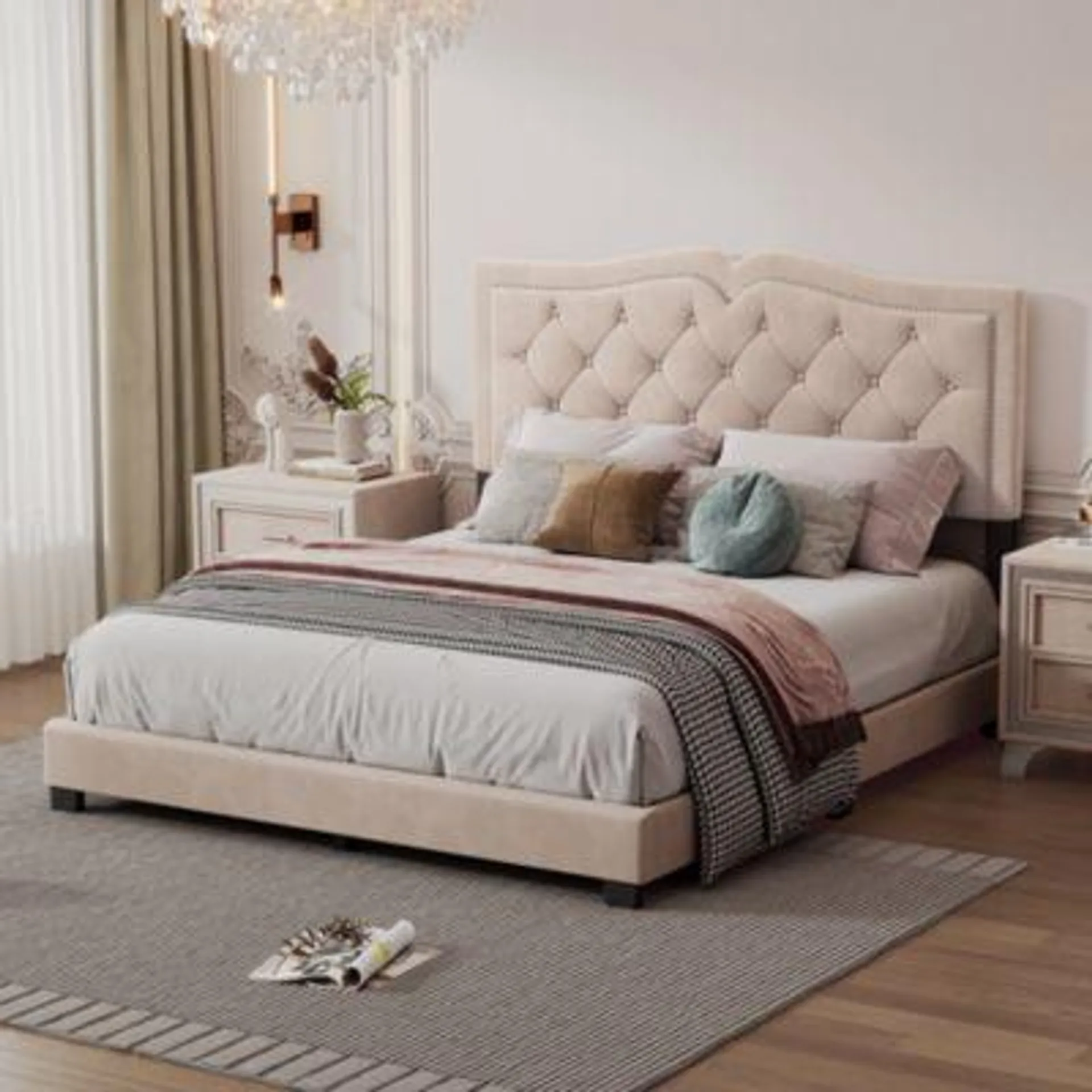 Streamdale Furniture Queen Size Upholstered Bed Frame With Rivet Design, Modern Velvet Platform Bed With Tufted Headboard