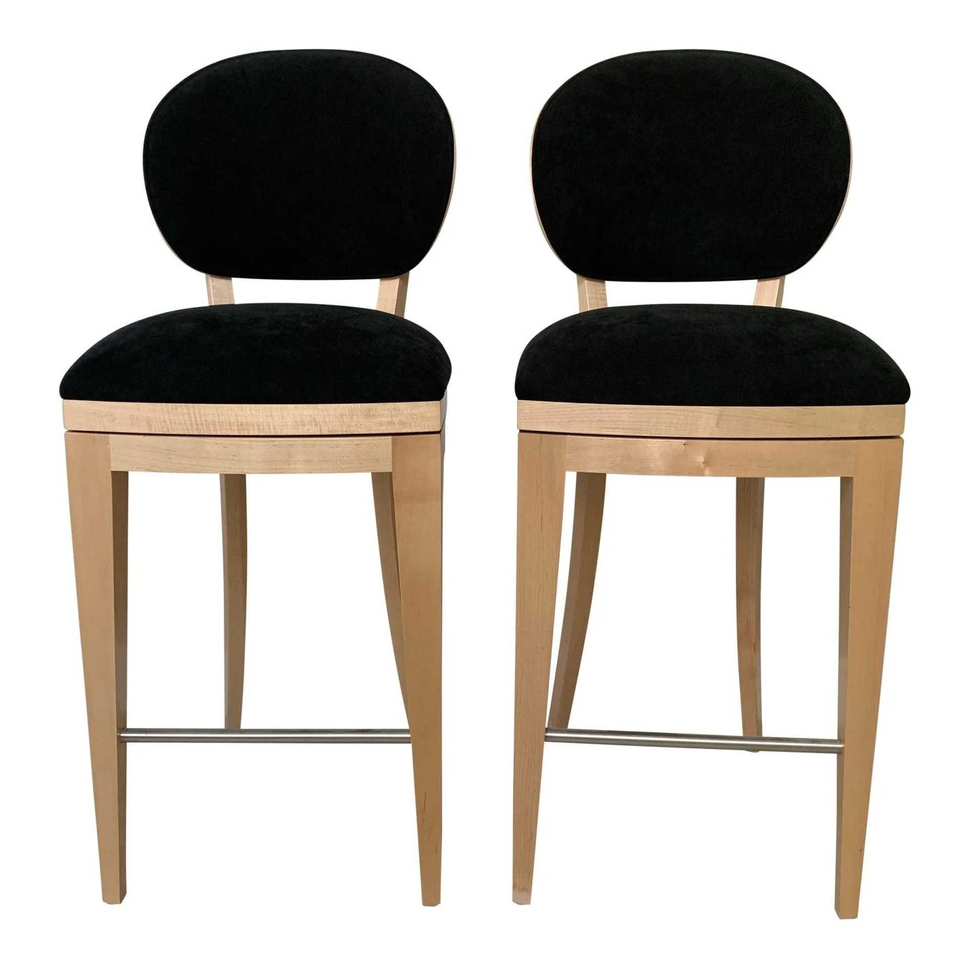 Contemporary Swivel Bar Stools in Maple Wood & Black Suede by Nick Berman of Berman Rosetti - a Pair