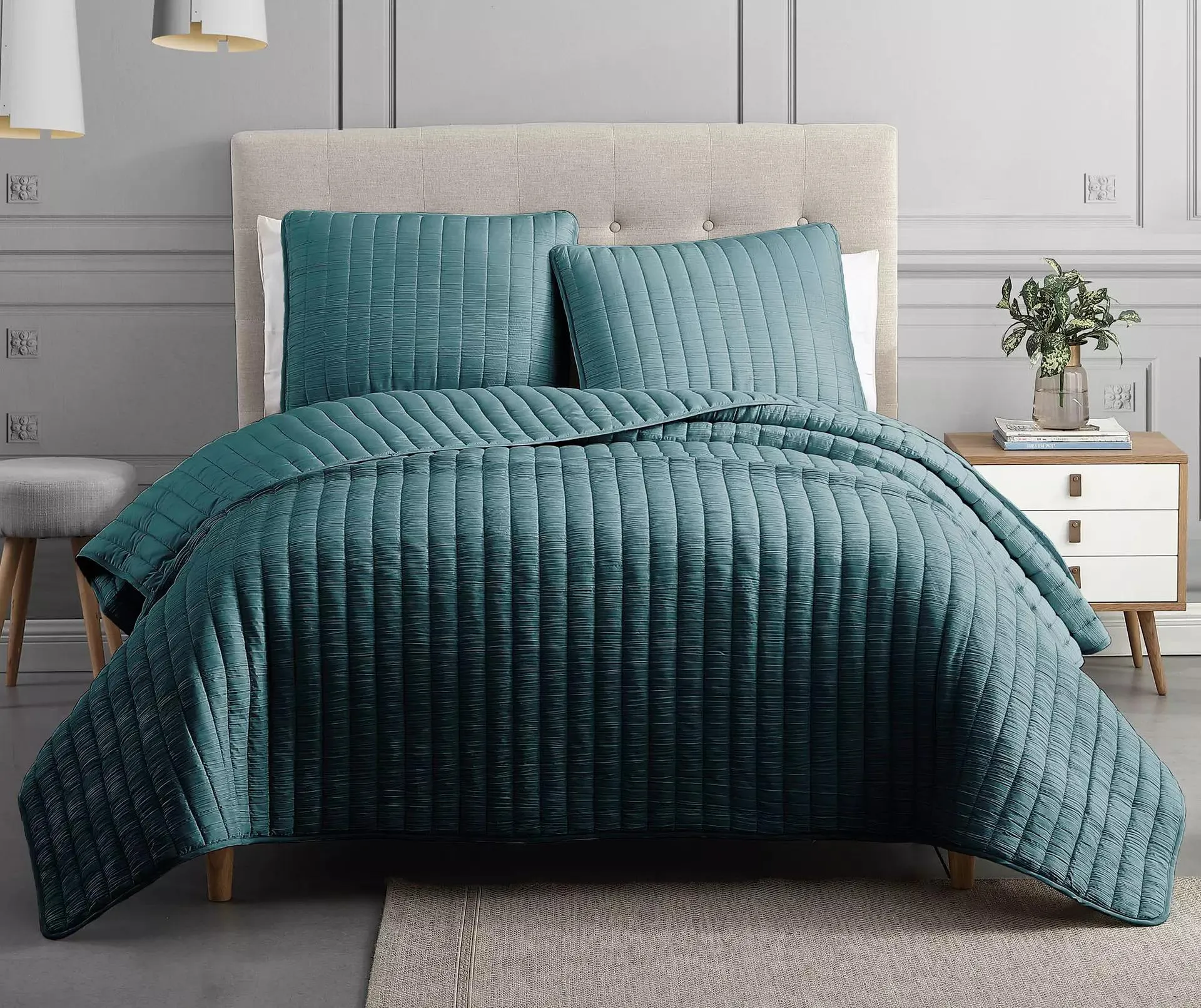 Teal Crinkle Channel-Quilted Moonstone 3-Piece Queen Coverlet Comforter Set