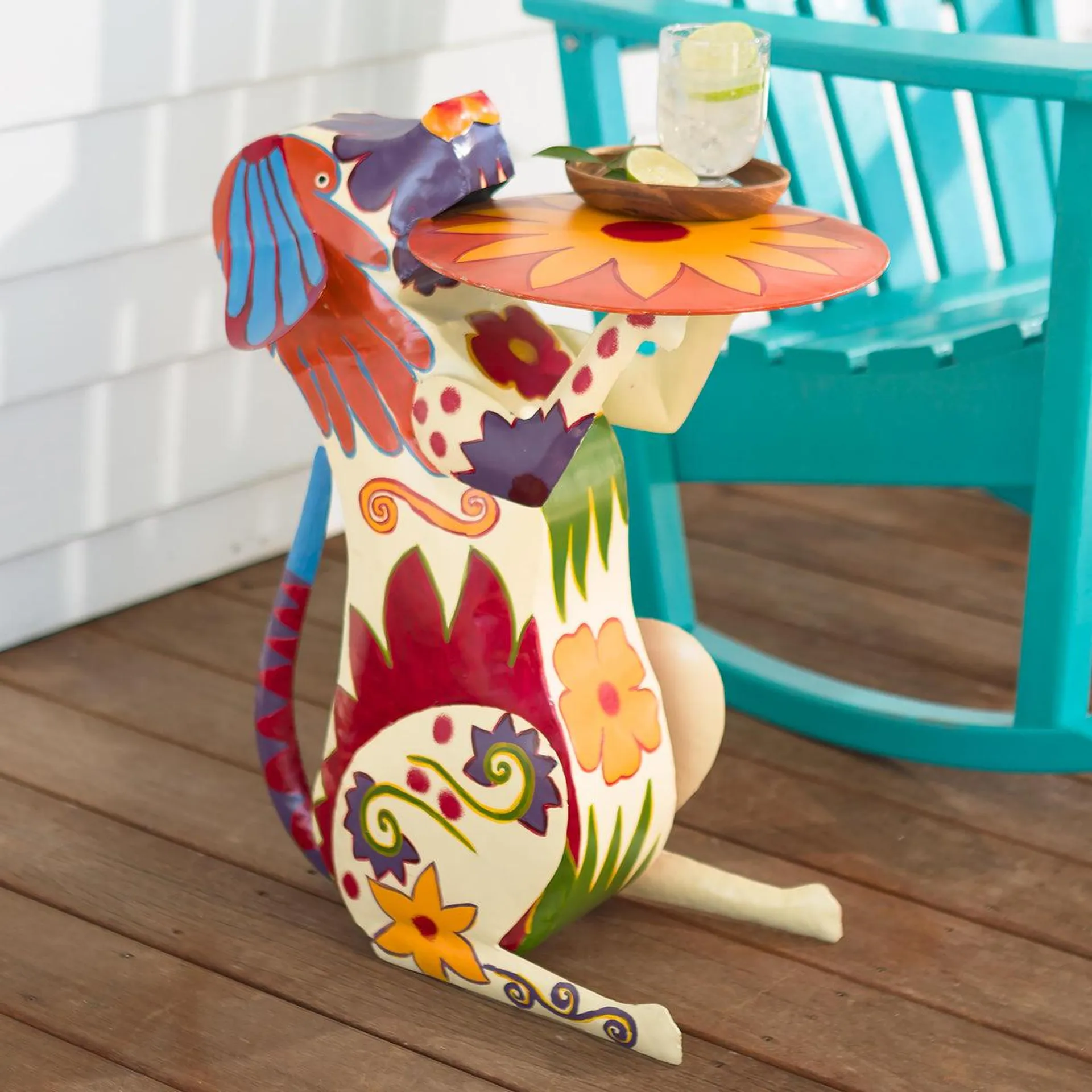 Handmade Colorful Painted Folk Art Metal Dog Side Table