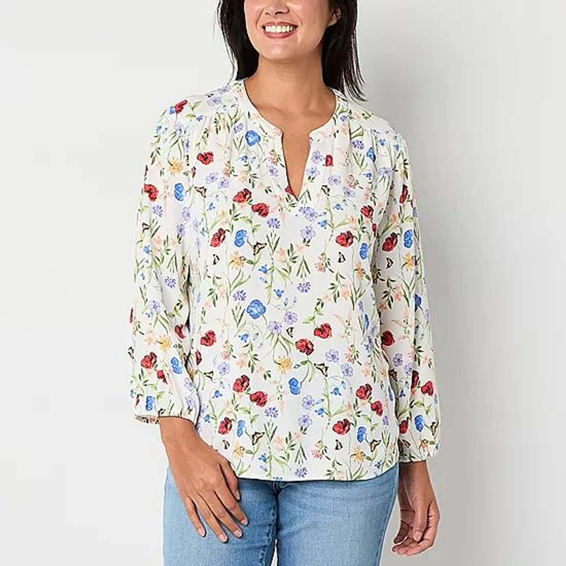 new! St. John's Bay Womens Y Neck 3/4 Sleeve Blouse