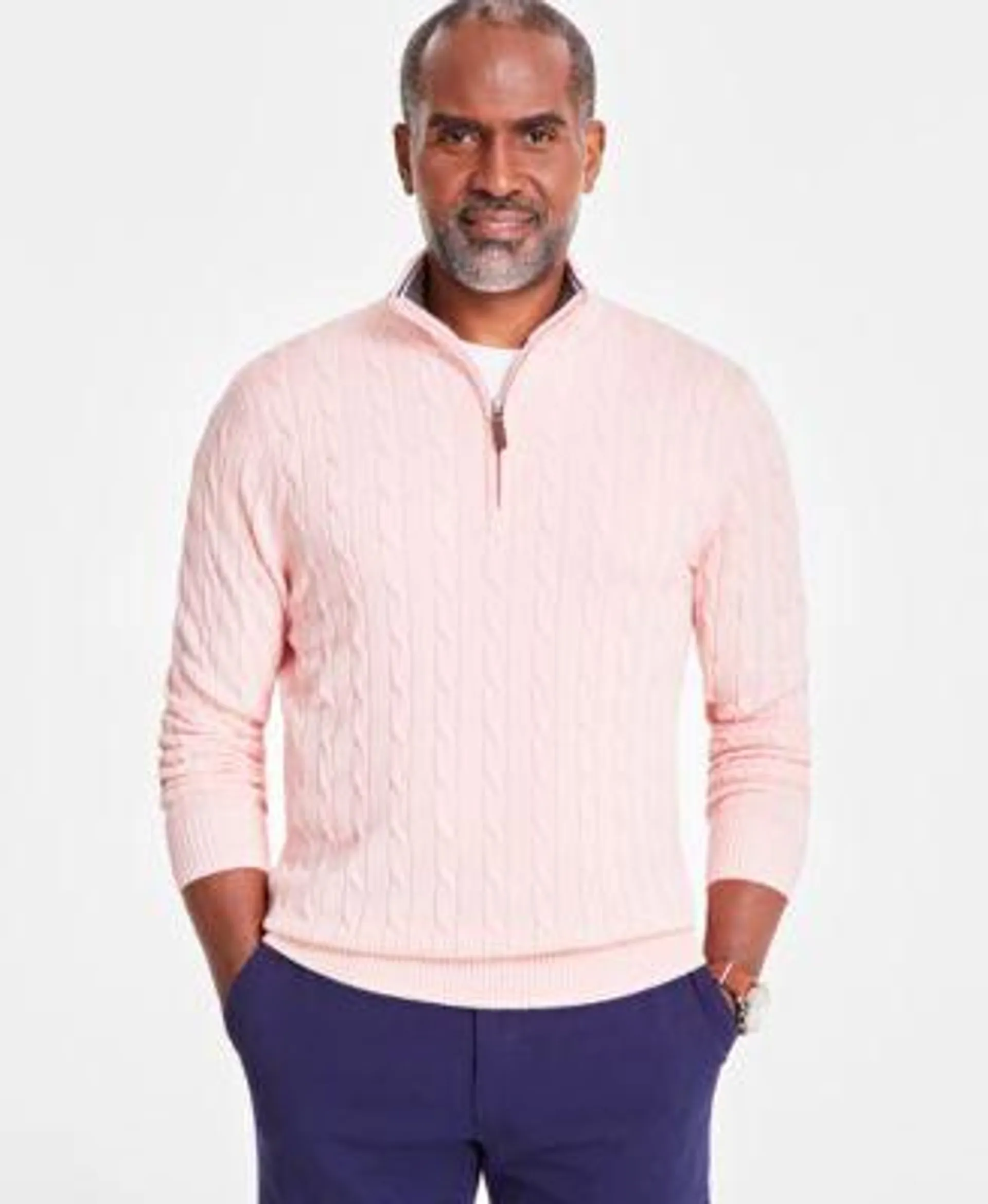 Men's Cable Knit Quarter-Zip Cotton Sweater, Created for Macy's