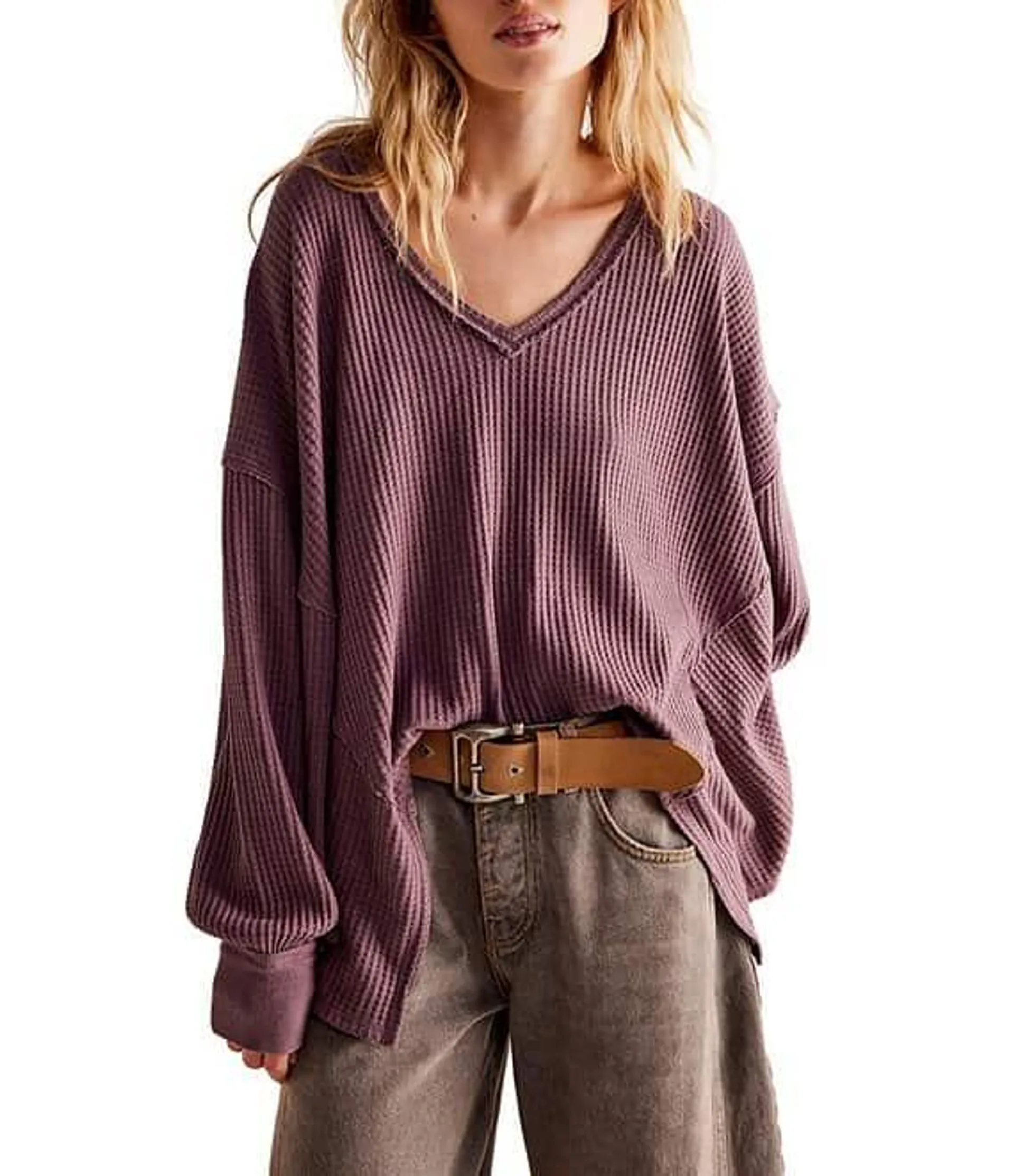 Coraline Waffle Knit V-Neck Long Sleeve Thermal