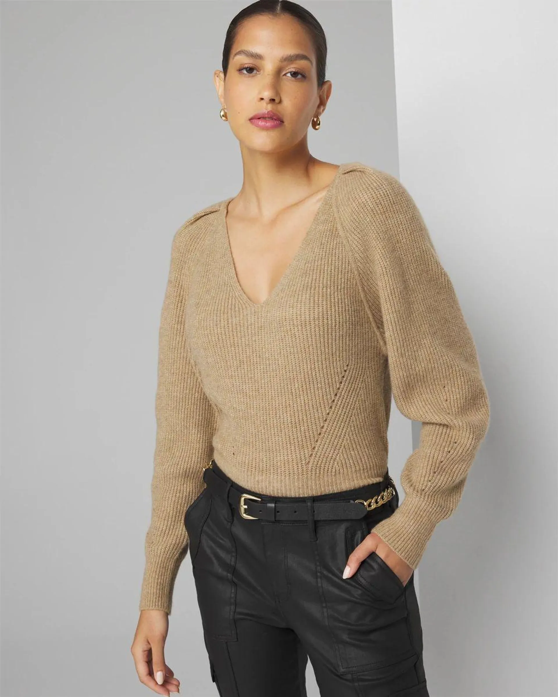 Pleated Shoulder V-neck Pullover Sweater