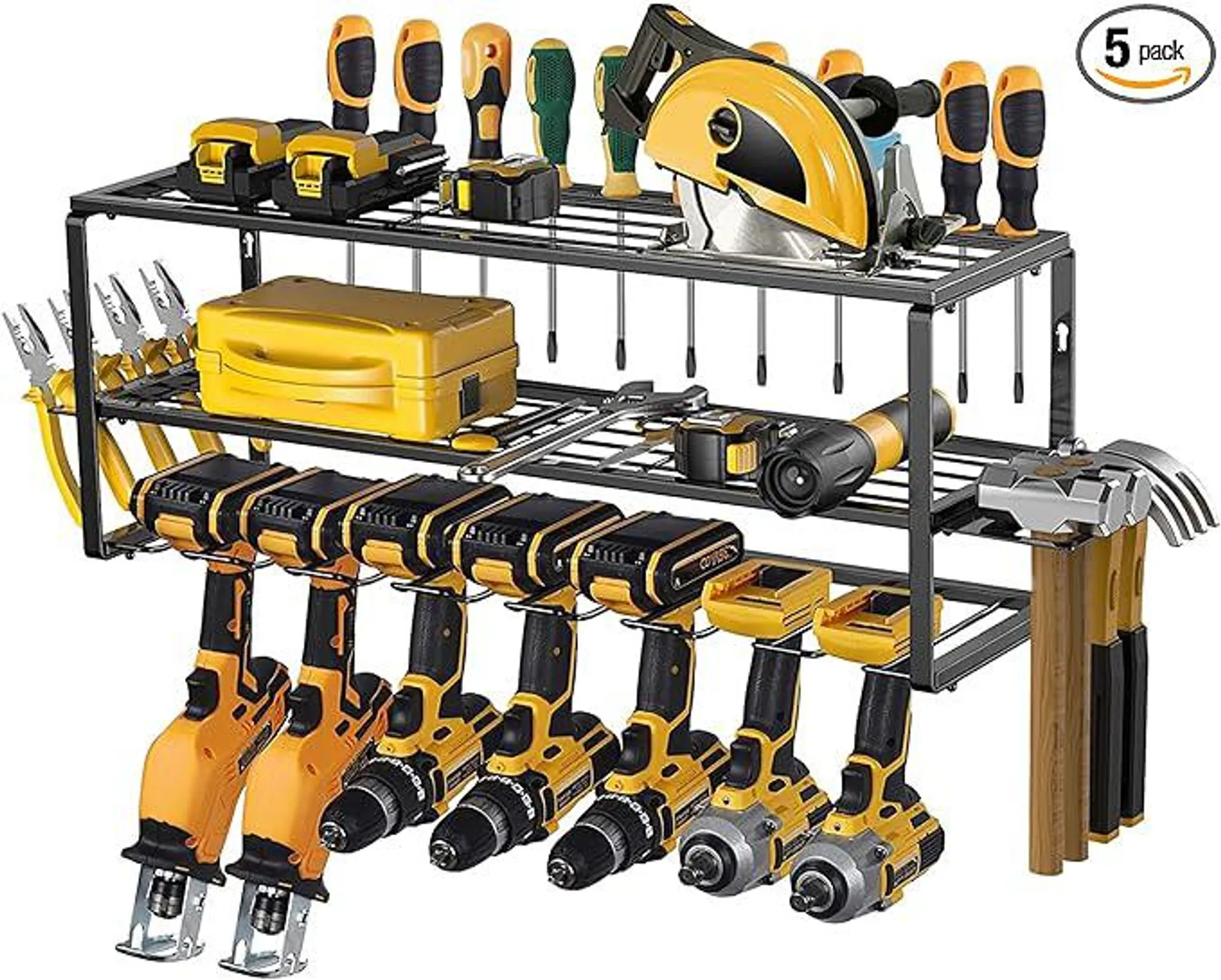 Power Tool Organizer Wall Mount System - 7 Slot Carbon Steel Rack Holds Up to 170 Pounds - Accessory Shelves and 4 Hooks Included - Heavy Duty Utility Racks, Black