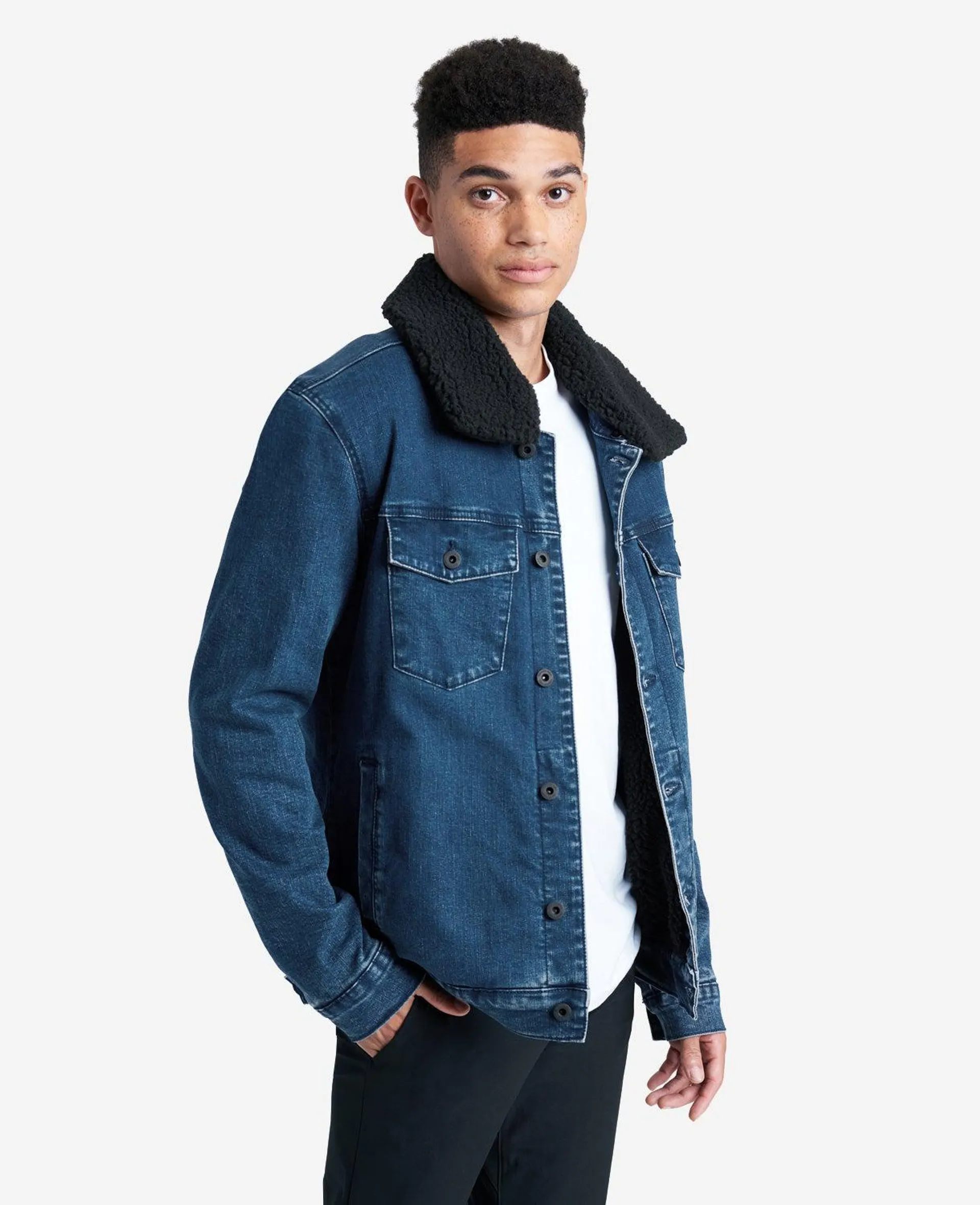 Stretch Denim Jacket in Blue with Sherpa Collar + Lining