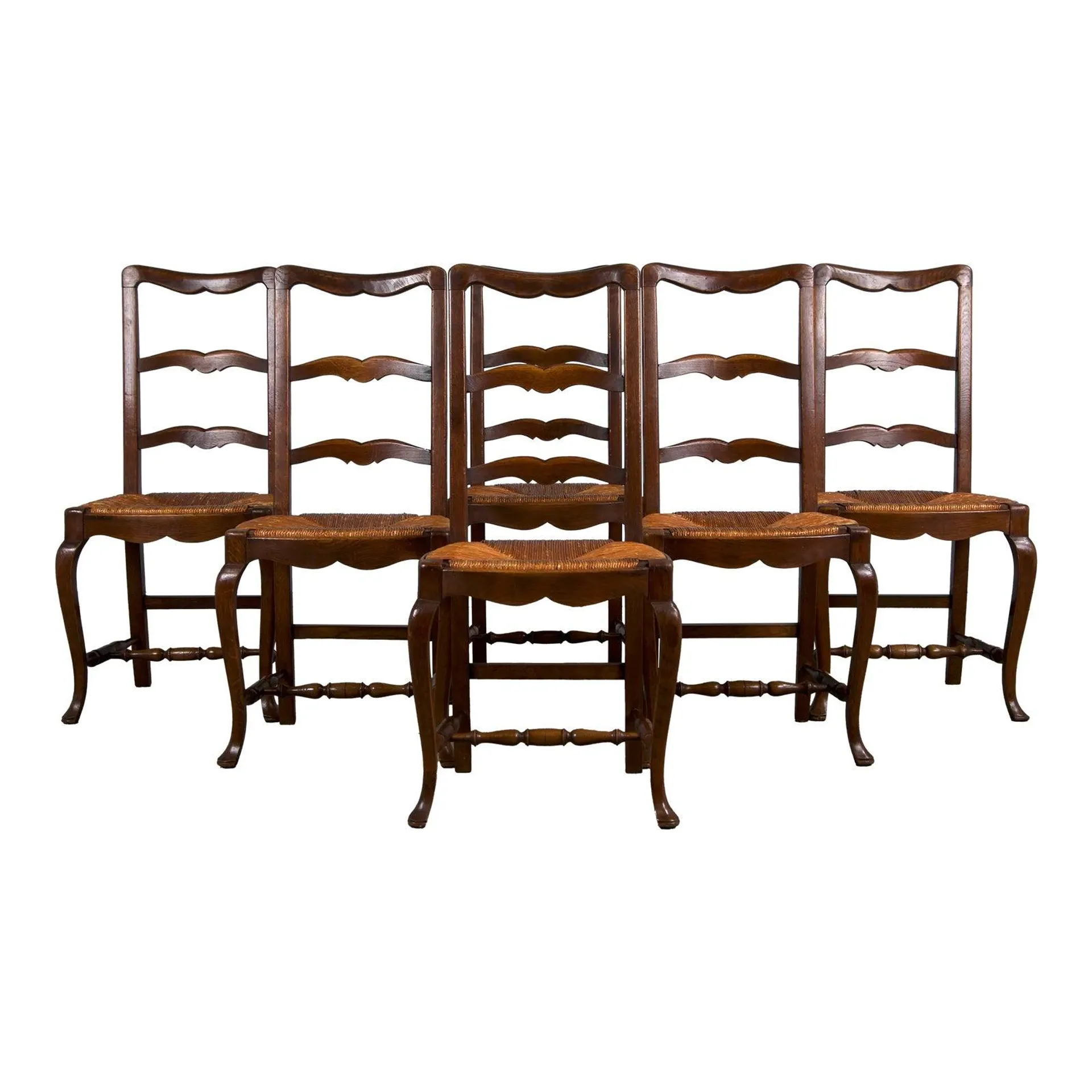 Antique Country French Provincial Ladder Back Oak Dining Chairs W/ Rush Seats - Set of 6