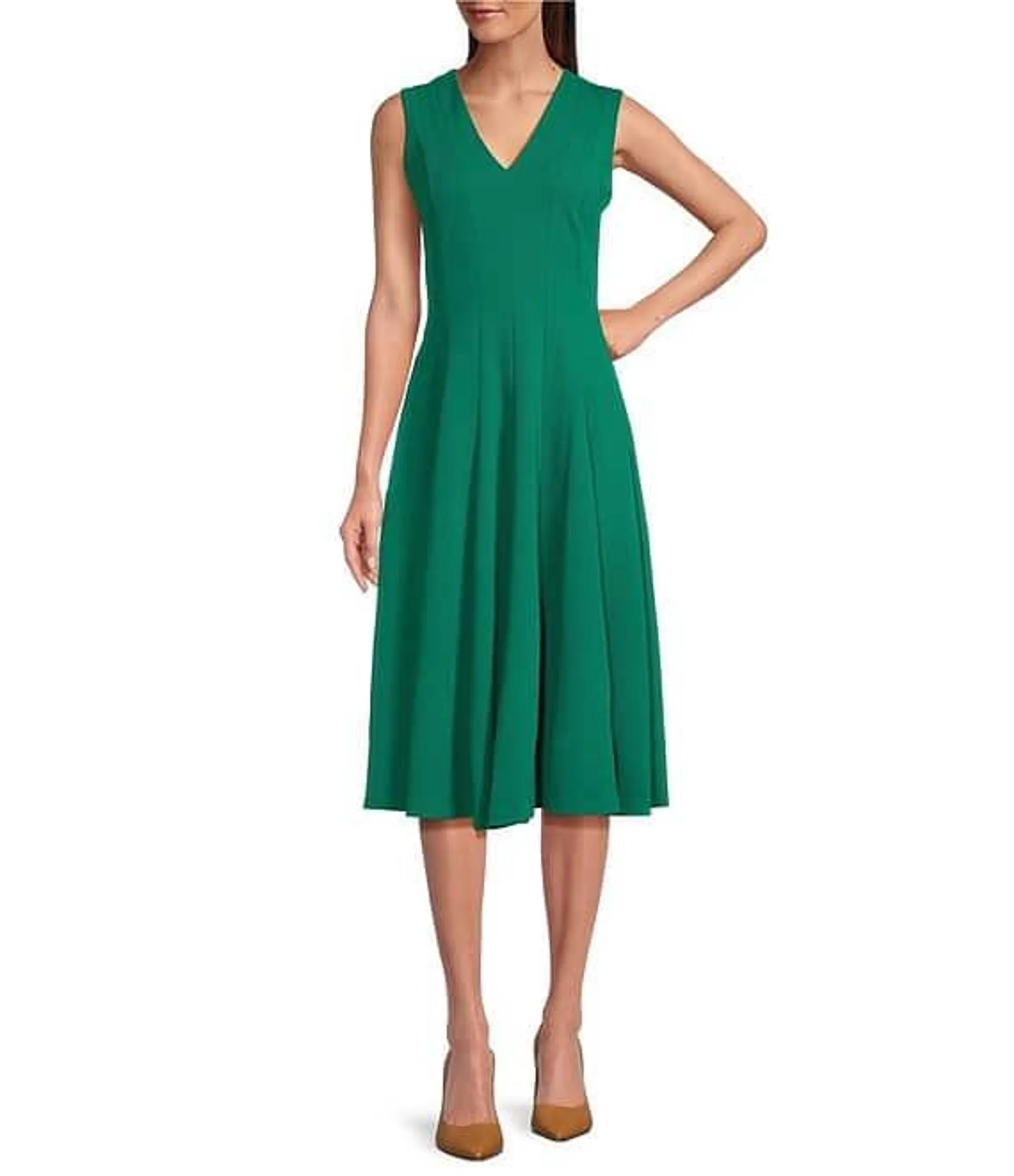 V-Neck Sleeveless Scuba Crepe Fit And Flare Dress