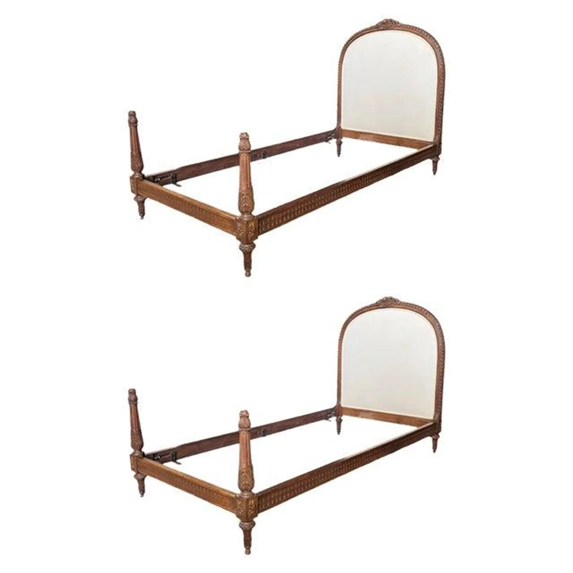 Carved Walnut French Louis XVI Upholstered Twin Beds -A Pair