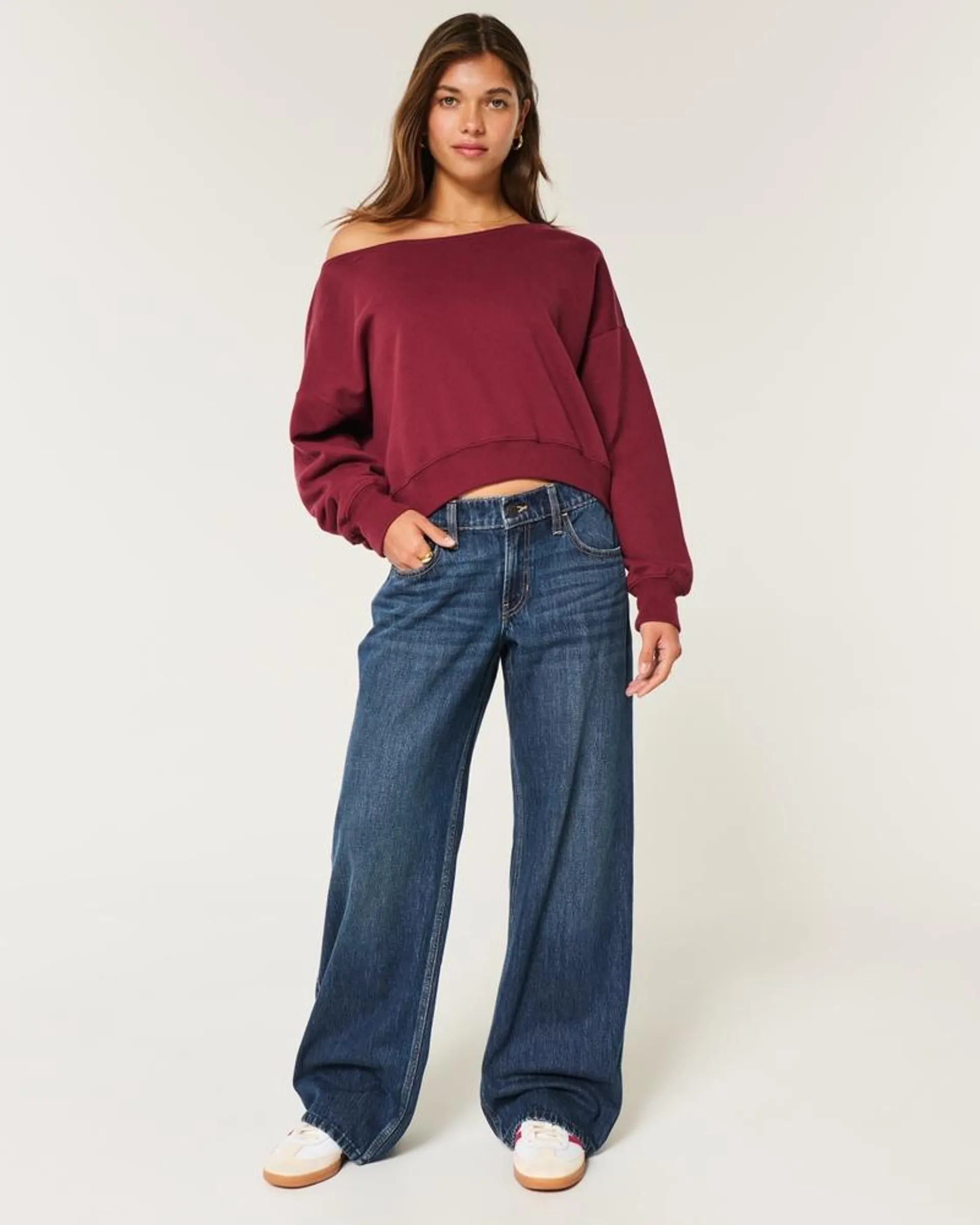 Low-Rise Dark Wash Comfort Waistband Baggy Jeans