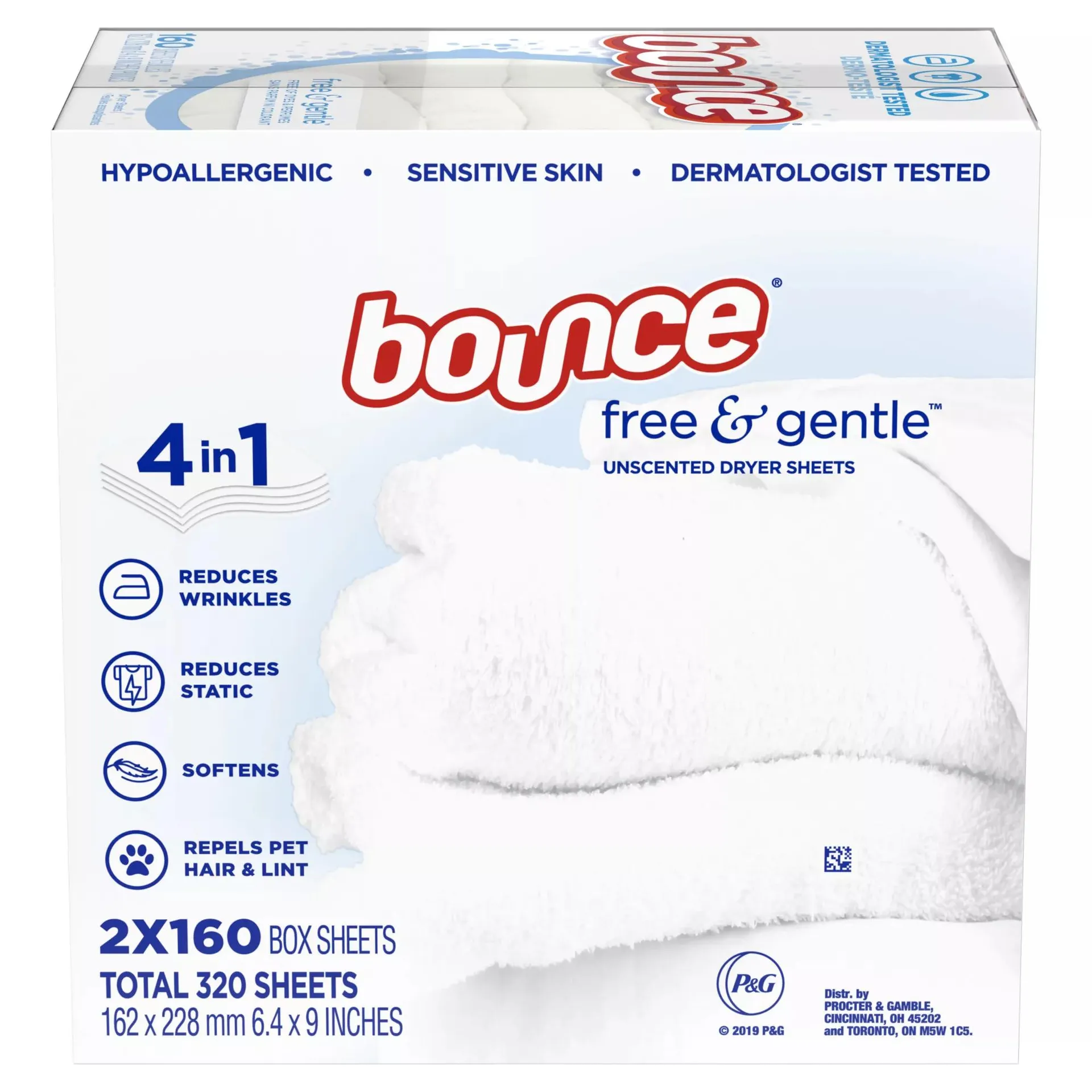 Bounce Free & Gentle Unscented Fabric Softener Dryer Sheets for Sensitive Skin, 2 pk./320 ct.